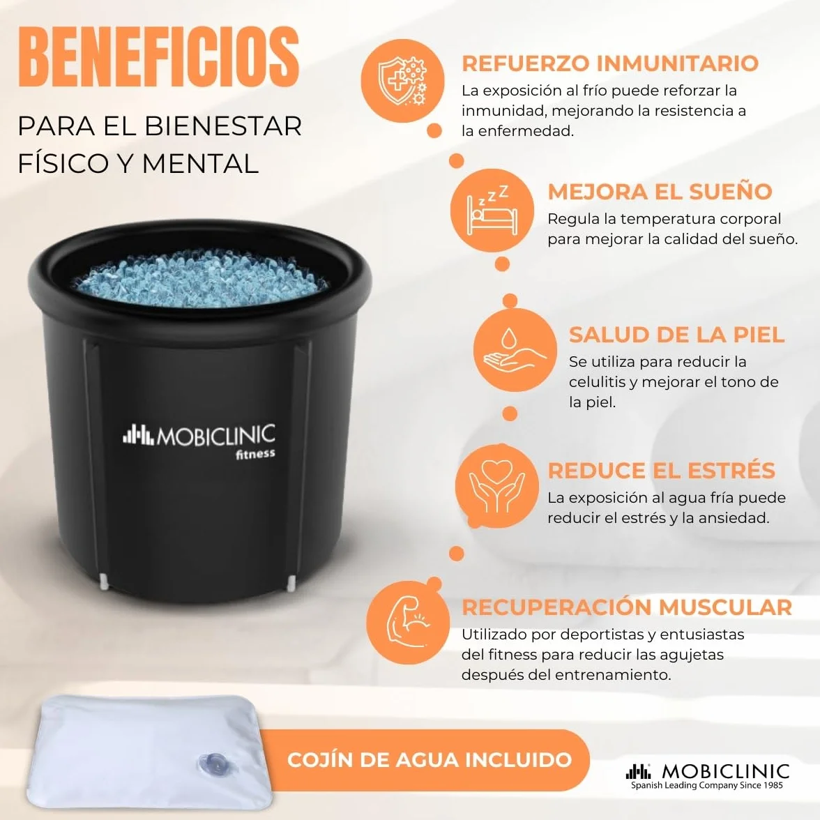 Mobiclinic® Fitness, Bañera de Hielo, 350l, Recuperación Muscular, para Deportistas, 83x83x75cm, Artic, Portátil, Terapia Dual, Bolsa Transporte, Cojín Inflable y Tapa, Borde