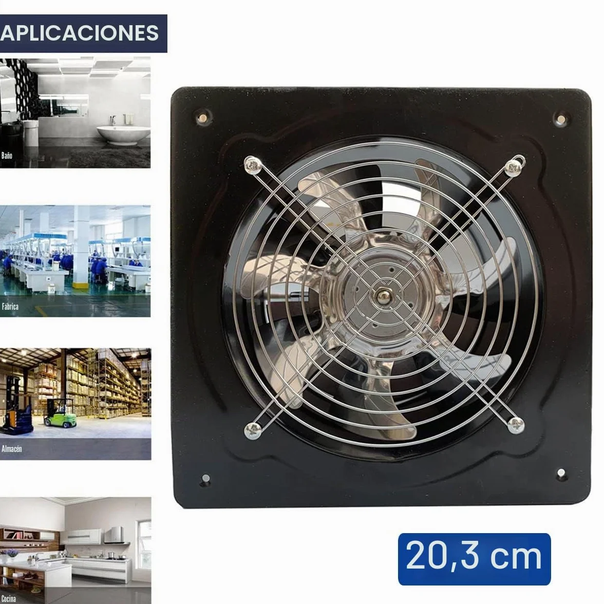 Ventilador axial industrial 200 mm 80 W 1250 m³/h metal extractor techo pared 250x250 mm