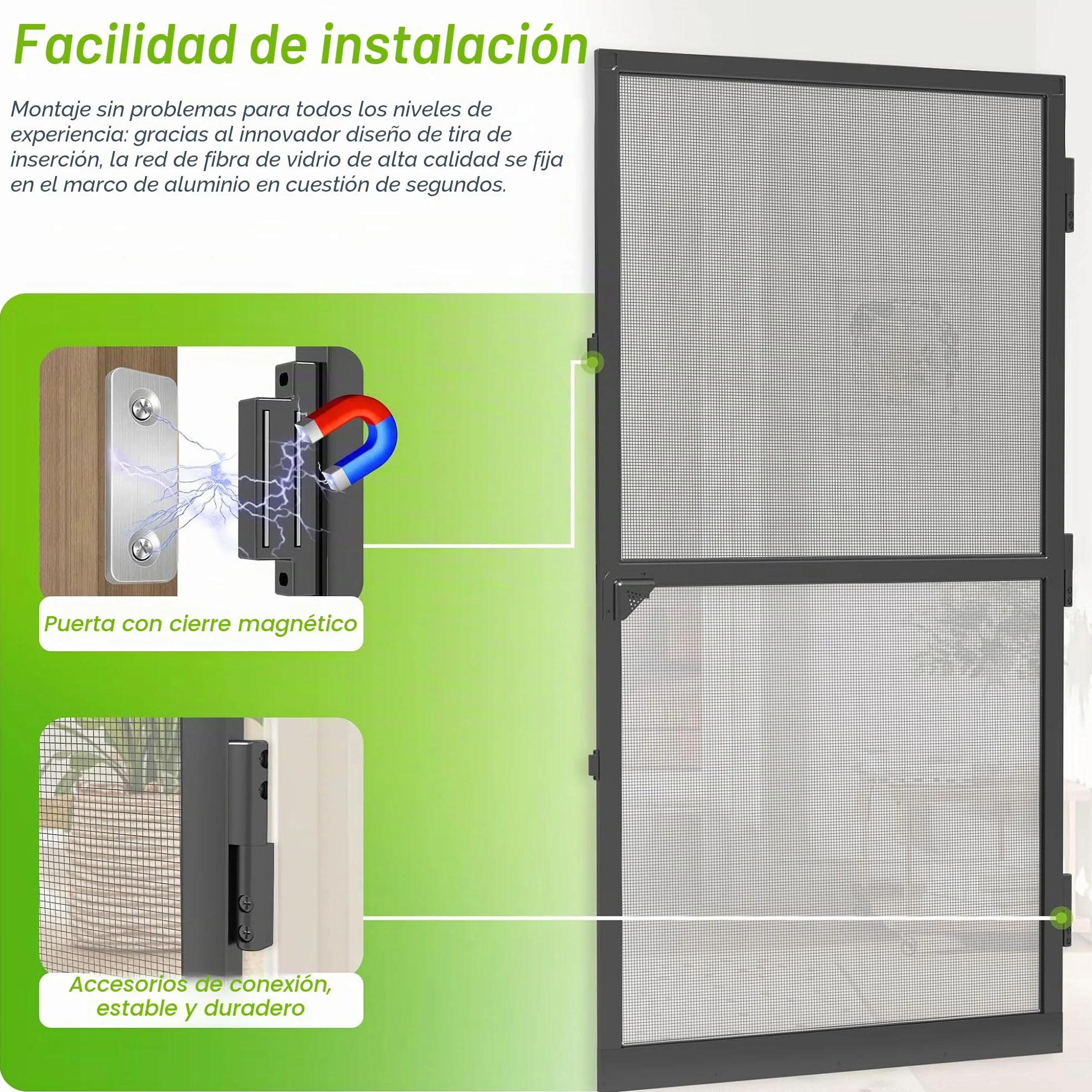 UISEBRT Mosquitera para puerta con marco de aluminio, tejido de fibra de vidrio, 95 x 210 cm, color negro