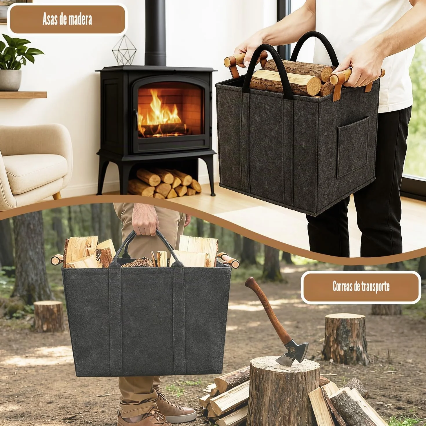 Cesta Leña Chimenea de Fieltro, Cesta para Leña con Guantes, Cestas Almacenaje con Asas de Transporte, para Leña, Revistas, Periódicos, Ropa (42 cm x40 cm x 30 cm)
