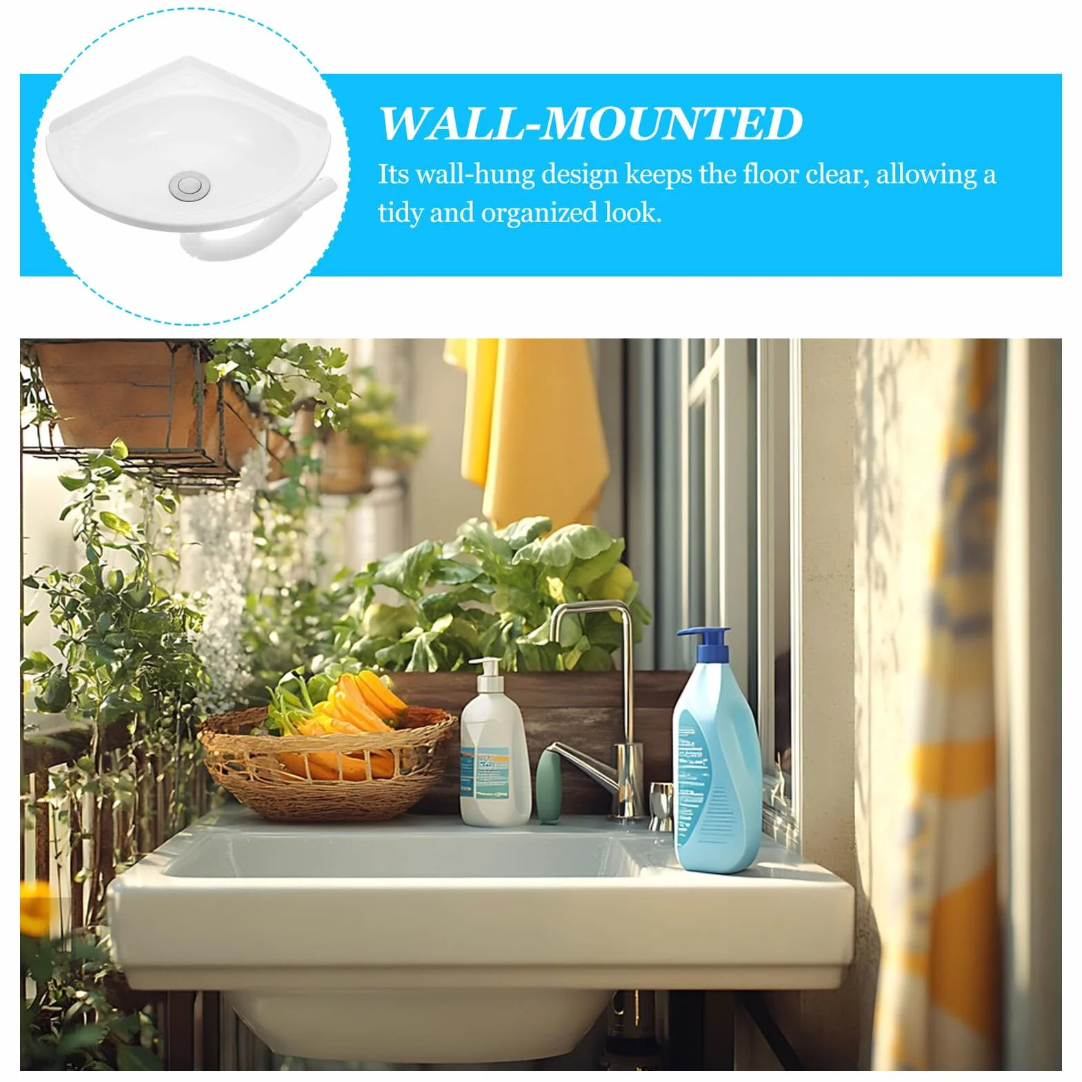 Veemoon Lavabo Pequeño de Esquina Montado Pared Blanco, de Plástico y Acero Inoxidable, Diseño Triangular Moderno para Optimizar Espacios en Baños Pequeños