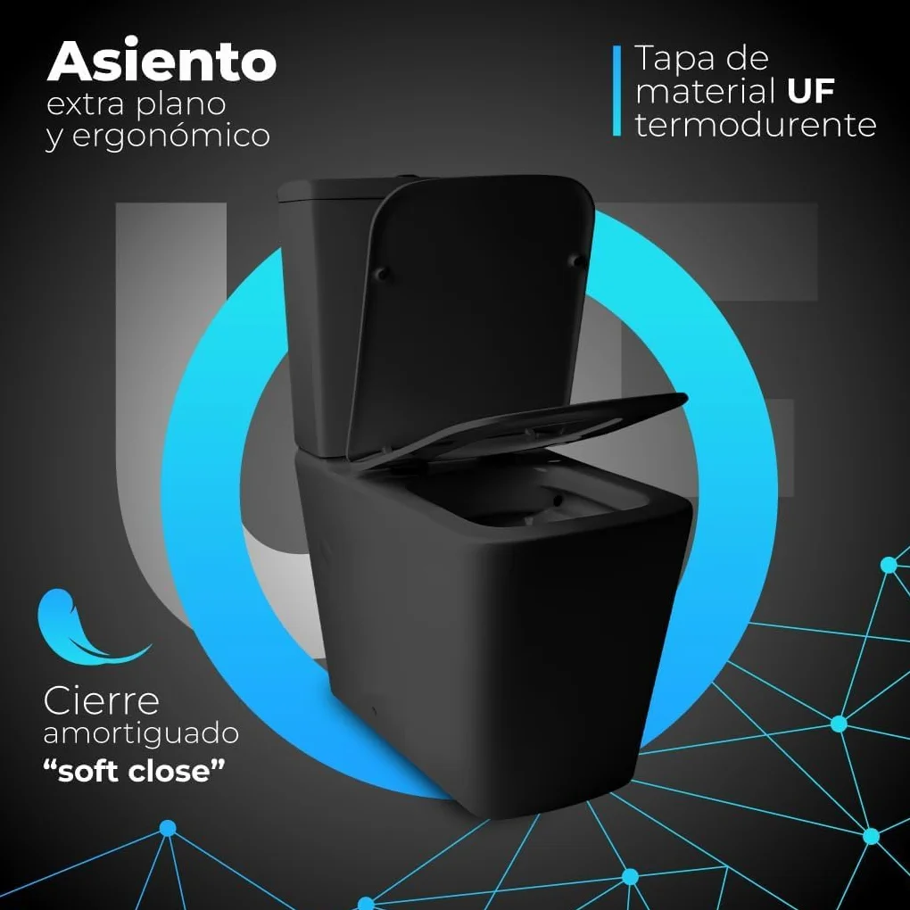Inodoro Completo - WC Con Sistema Rimless Antibacterias - Vater Baño Con Tapa Dura Extrafina Amortiguada - Salida Dual - Para Hogar Color Negro