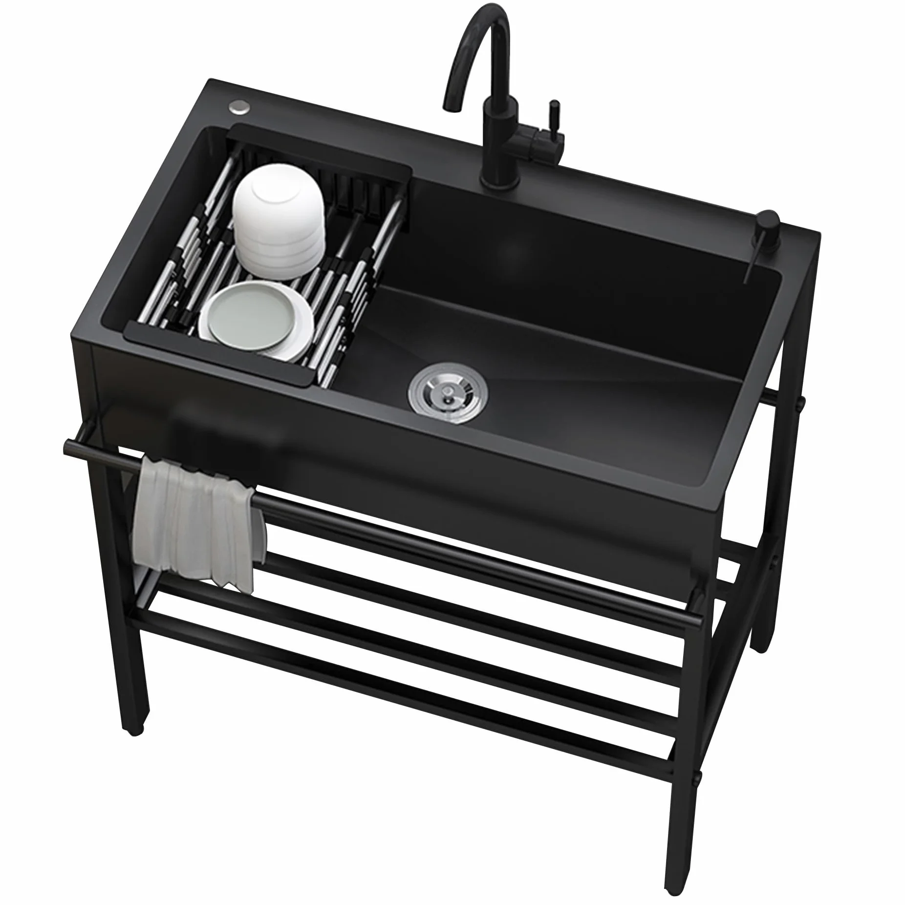 Fregadero Exterior Jardin,Fregadero de Acero Inoxidable,Fregadero de Cocina Negro, 1 Compartimento,Mueble Fregadero de baño con Grifo,para Restaurante Garaje Industrial Lavandería(60x45x86cm)