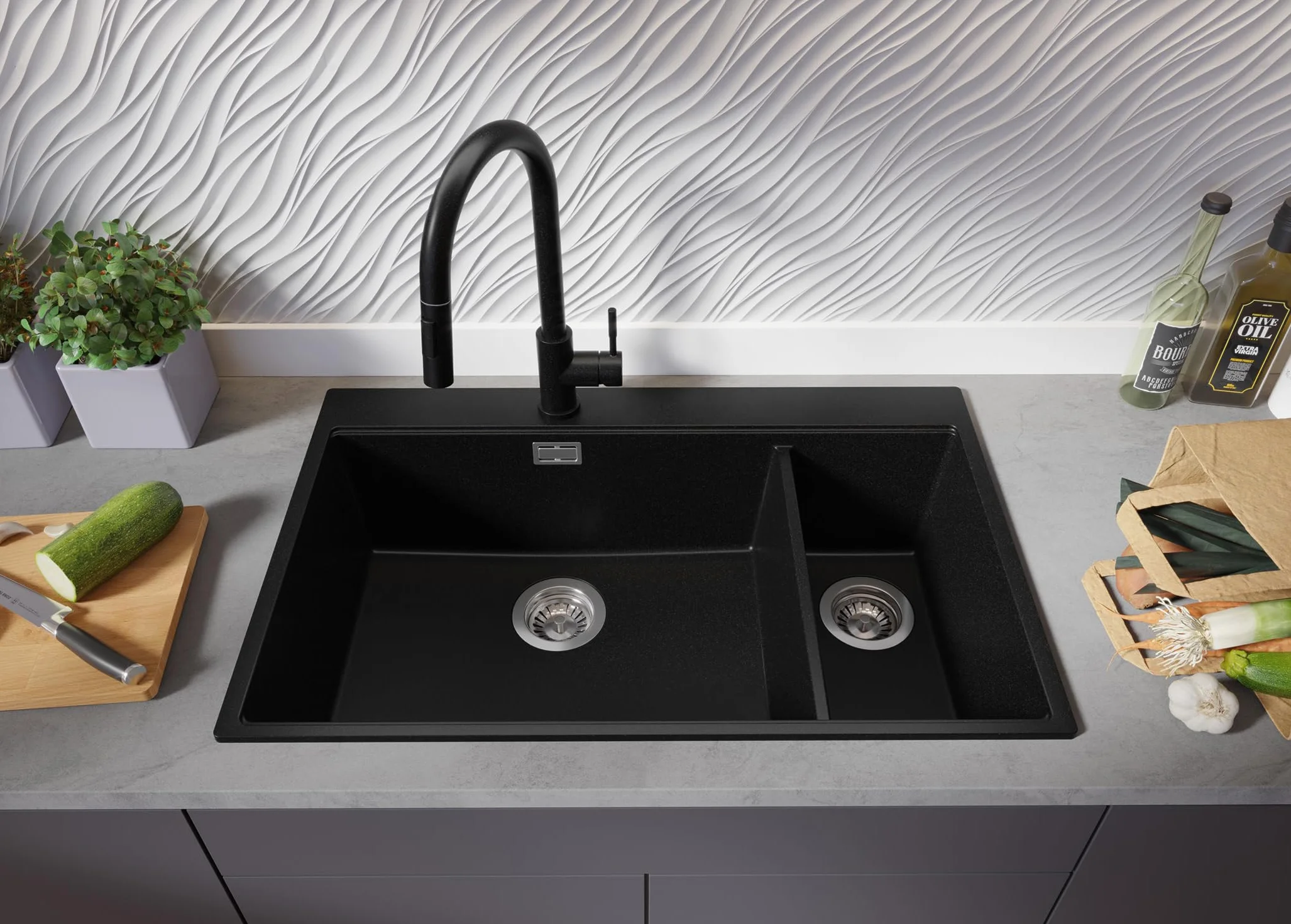 PRIMAGRAN Fregadero Granito Todo Negro 78x50cm, Cocina 2 Senos + Grifo 40x38cm + Sifón + Tabla de Cortar, Sobre Encimera al Mueble 80cm - Oslo Duo Top S100