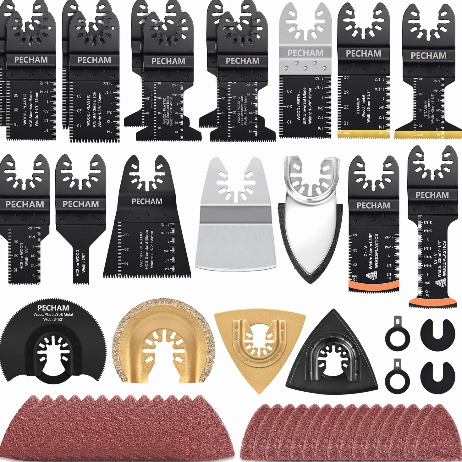 PECHAM 104 cuchillas oscilantes multiherramienta, corte de metal de madera y papel de lija, accesorios de herramientas oscilantes con dientes rápidos de titanio, hoja multiherramienta de dientes
