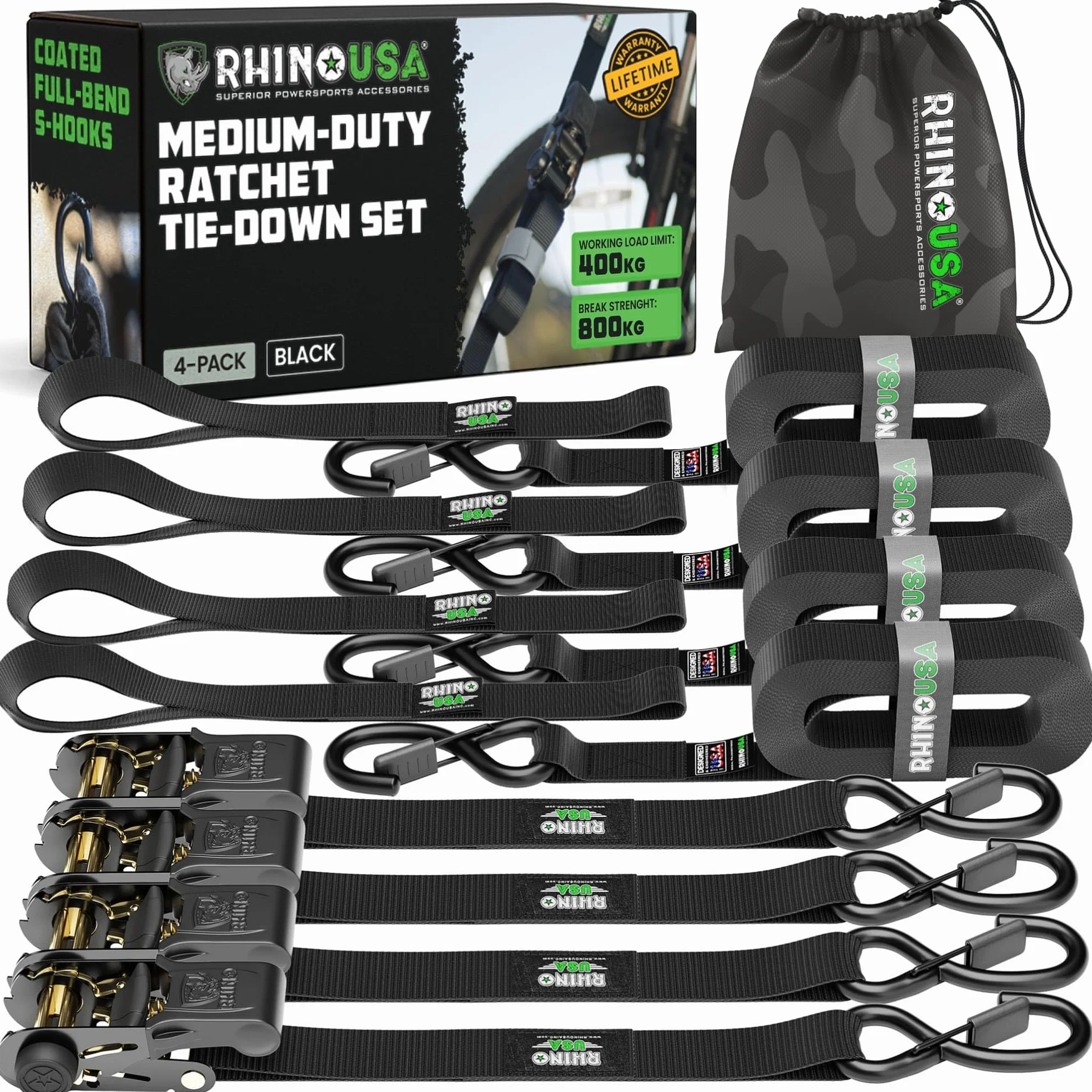 Rhino USA Correas de Carraca (4-Pack) - 2,5 cm x 4,6 m (800 kg de Resistencia de Rotura) - Correas de Amarre con Ganchos de Seguridad en S para Camiones, Carga, Mudanzas, Electrodomésticos - Negro