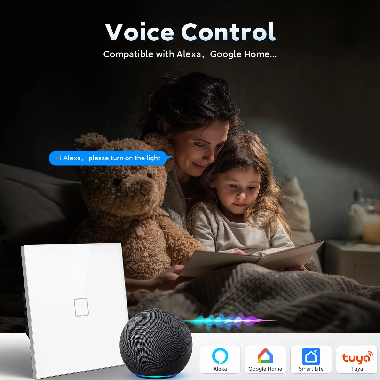 Interruptor Inteligente WiFi Empotrado,Smart Interruptor Táctil Pared,1 Gang 1 Vía 86 * 86 mm,Compatible con Alexa y Google Home (Aplicación Tuya/Smart Life),Blanco