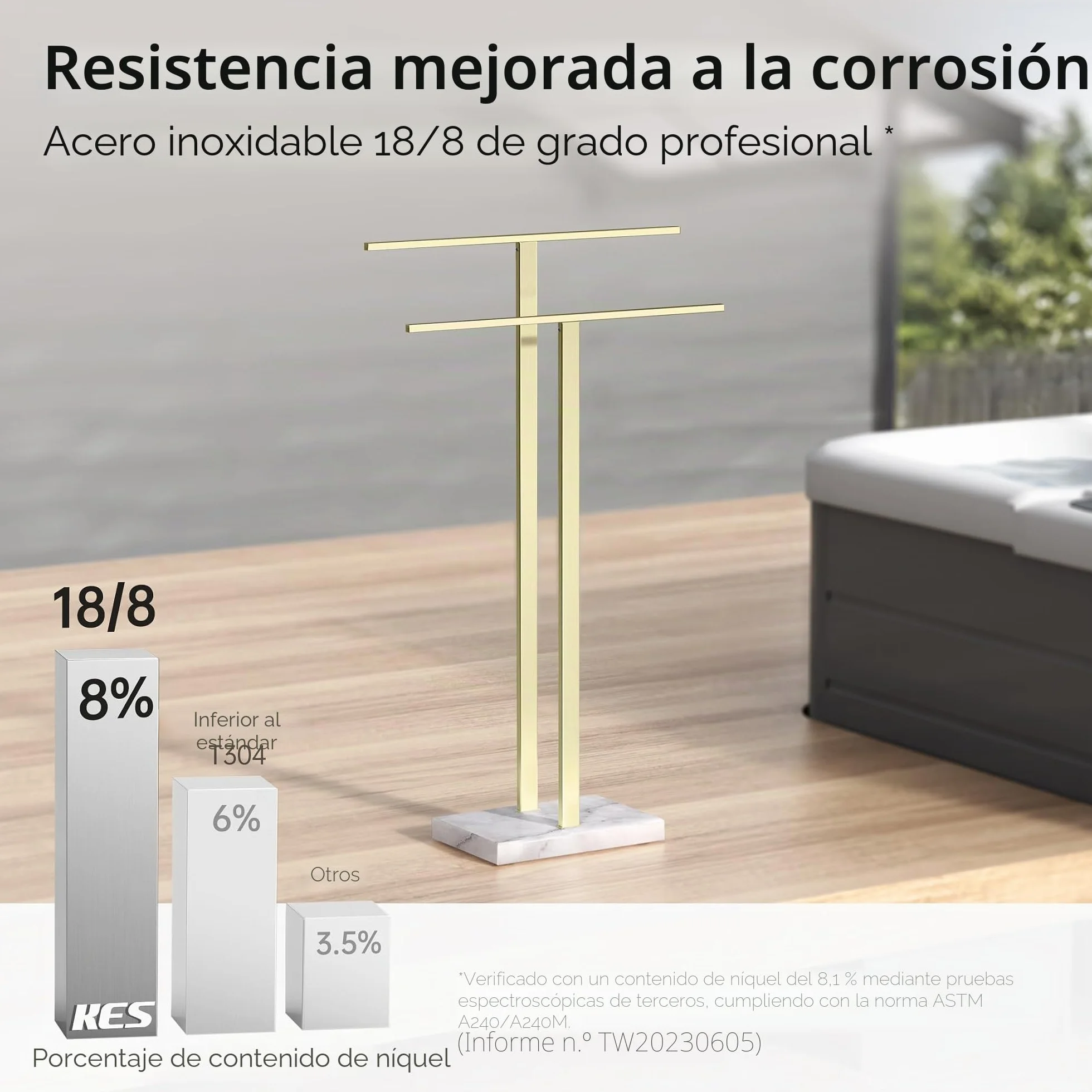 KES Toallero de Pie en Oro, Toallero Independiente con 2 Brazos, Toallero de Acero Inoxidable SUS304, Base de mármol, BTH217-BZ