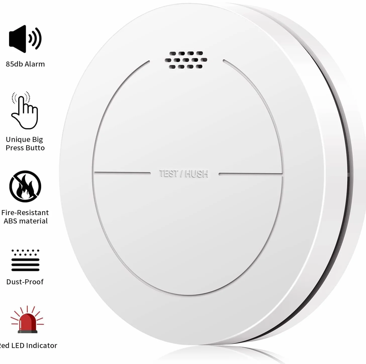 Detector de Humo Plano 85dB, batería 10 años, función Silencio, 1 Pieza