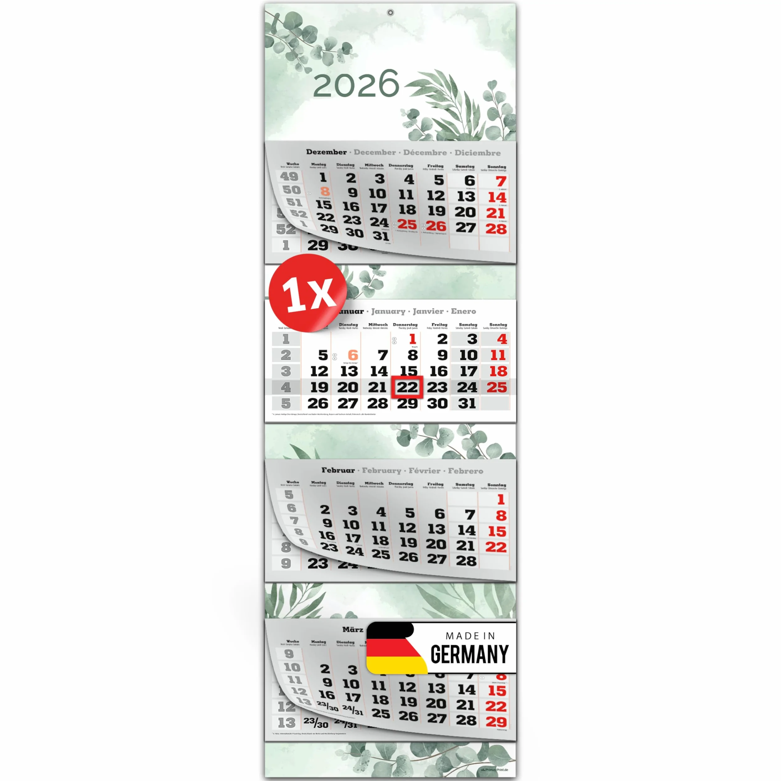 PRIMUS PRINT XXL Calendario 2026 Multibloc Calendario de pared 4 meses con fecha deslizante