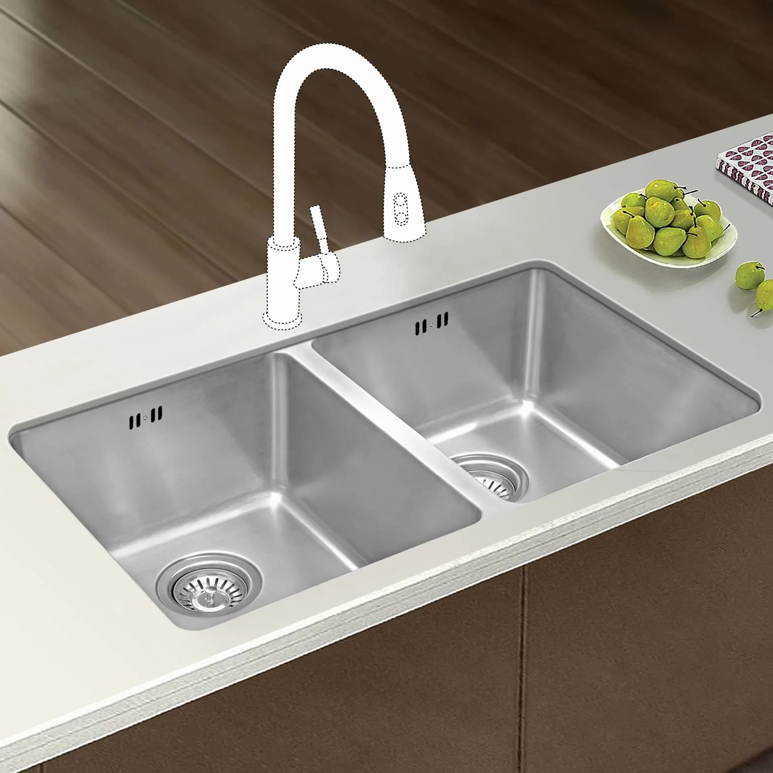 JASSFERRY Fregadero de cocina dos senos, de Acero Inoxidable, bajo encimera, con colador de residuos