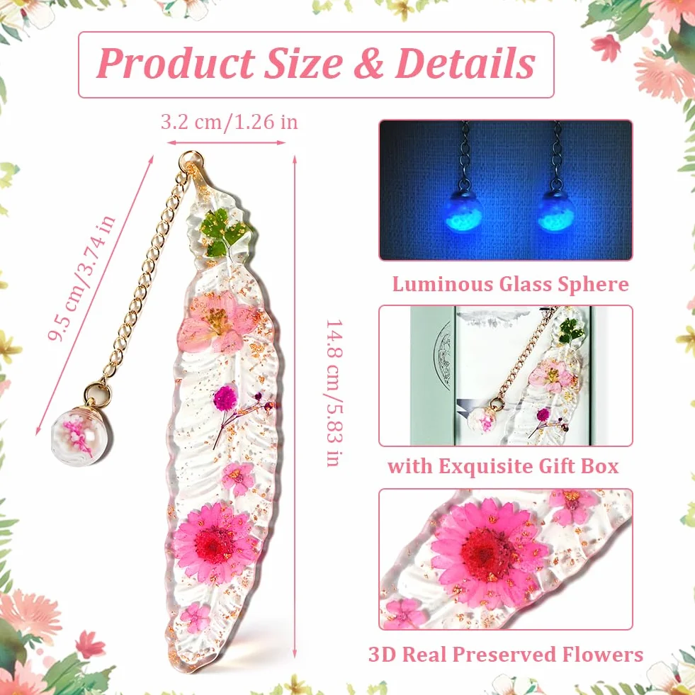 Marcapáginas de Flores Secas de Resina con Caja de Regalo - Accesorio de Lectura Original para Estudiantes y Mujeres (Rosa)