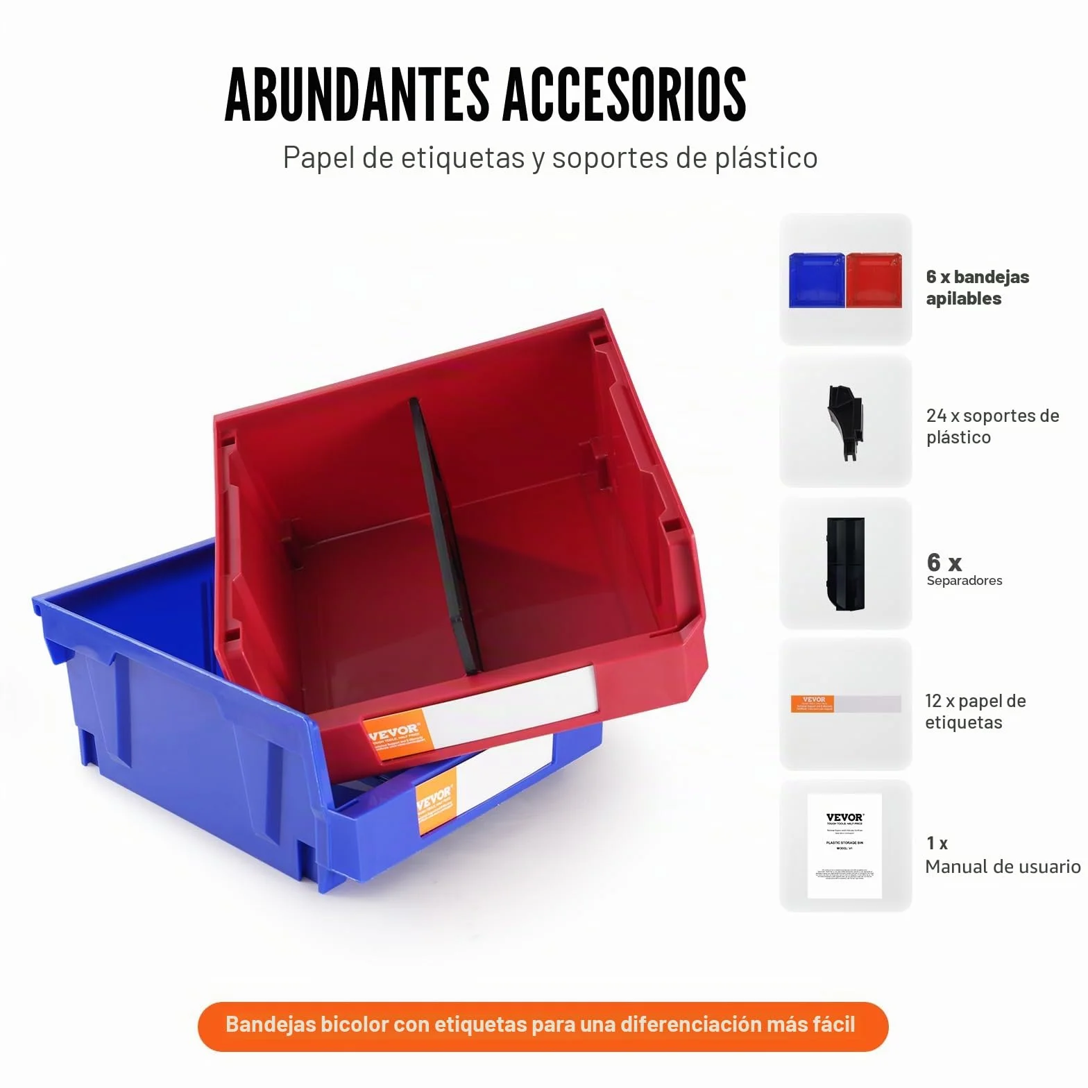 VEVOR Contenedor de Pernos 6 Cajas de Almacenamiento Apilables para Taller 276 x 279 x 128 mm Combinación Azul/Roja Contenedor de Herramientas para Armario, Cocina, Oficina, Despensa, Estante, Pared