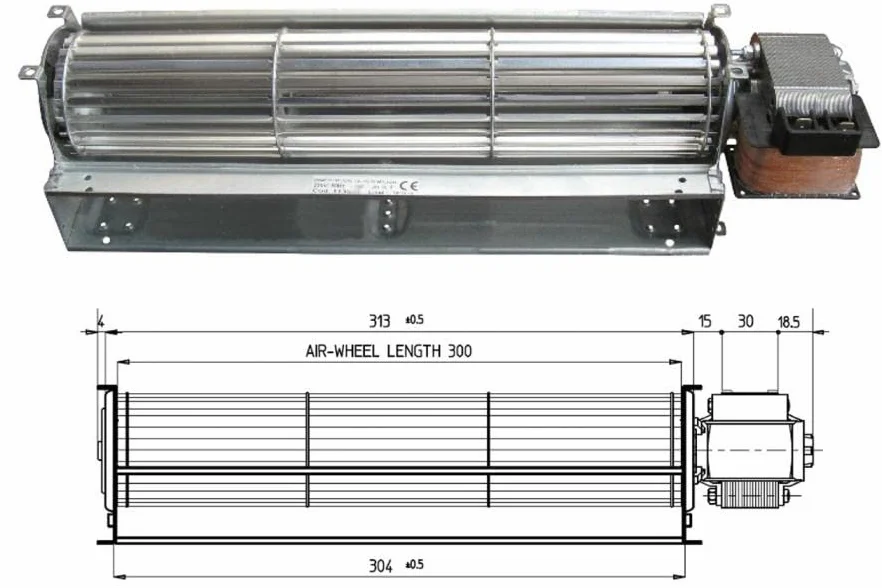 UNIVERSALE Ventilador tangencial para estufas de pellets TGA 60/1-300/30, montaje en pared, negro esmaltado, mando a distancia, 43 W, 180 m³/h, 380 x 304 x 40 mm