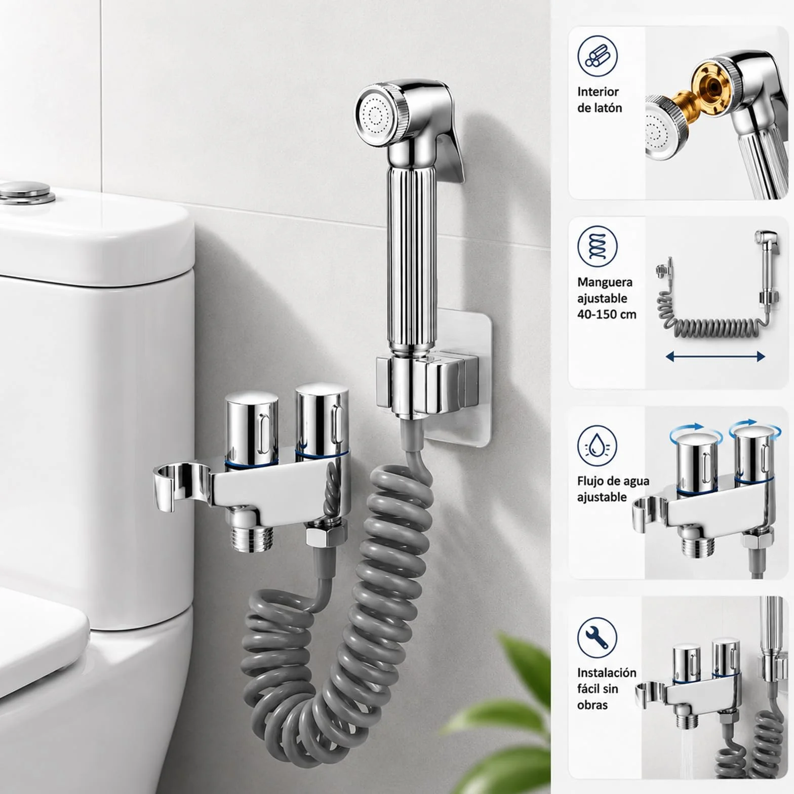 Ducha Higiénica WC con Doble Soporte, Latón Cromado | Manguera espiral flexible | Válvula ajustable | Pistola de latón | Kit bidé WC | Doble soporte