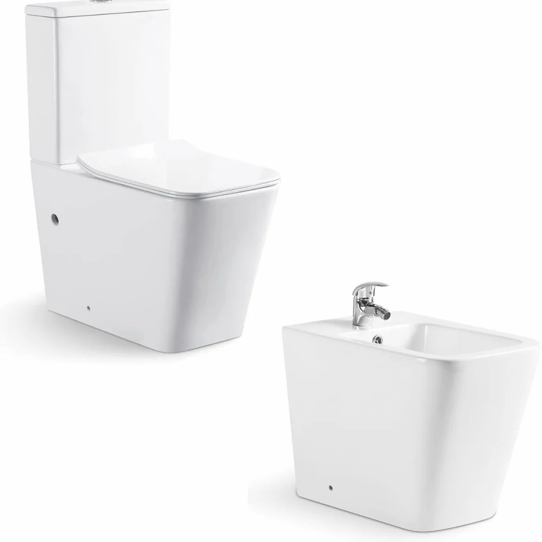INODORO Completo con BIDET, Inodoro y Bidet Blanco, Pack Wc Inodoro, Retrete con Bidet para Hogar, Sistema Rimless Antibacterias, Tapa Dura Extrafina Amortiguada, Salida Dual