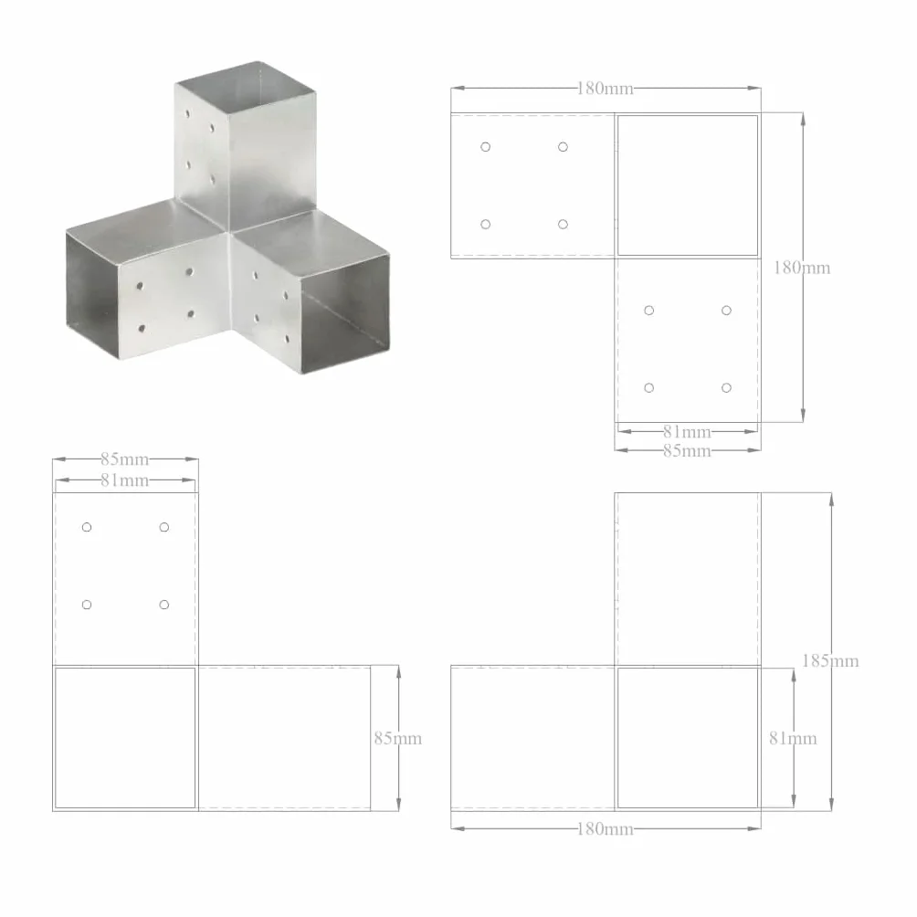 Conector de postes en forma de Y de metal galvanizado para vigas de 81 x 81 mm, galvanizado, 3 manguitos, conector de madera galvanizado en caliente para una conexión estable en el jardín y