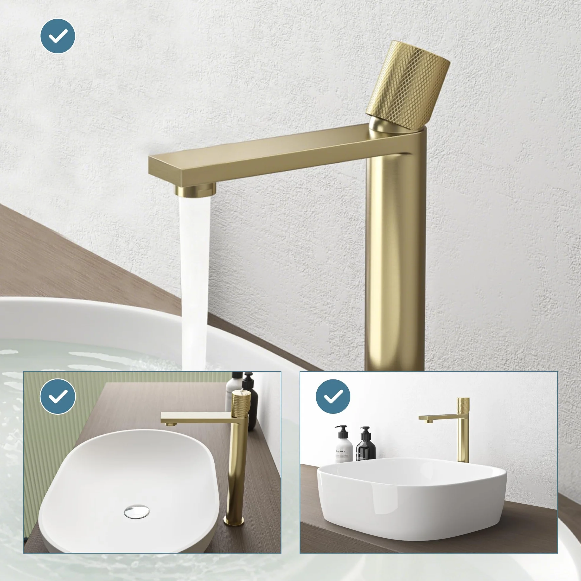 doporro Grifo Alto de Lavabo de Acero Inoxidable 304, Acabado Oro Cepillado, Cartucho Cerámico, Altura 29 cm, Aireador Desmontable, Fino-01H
