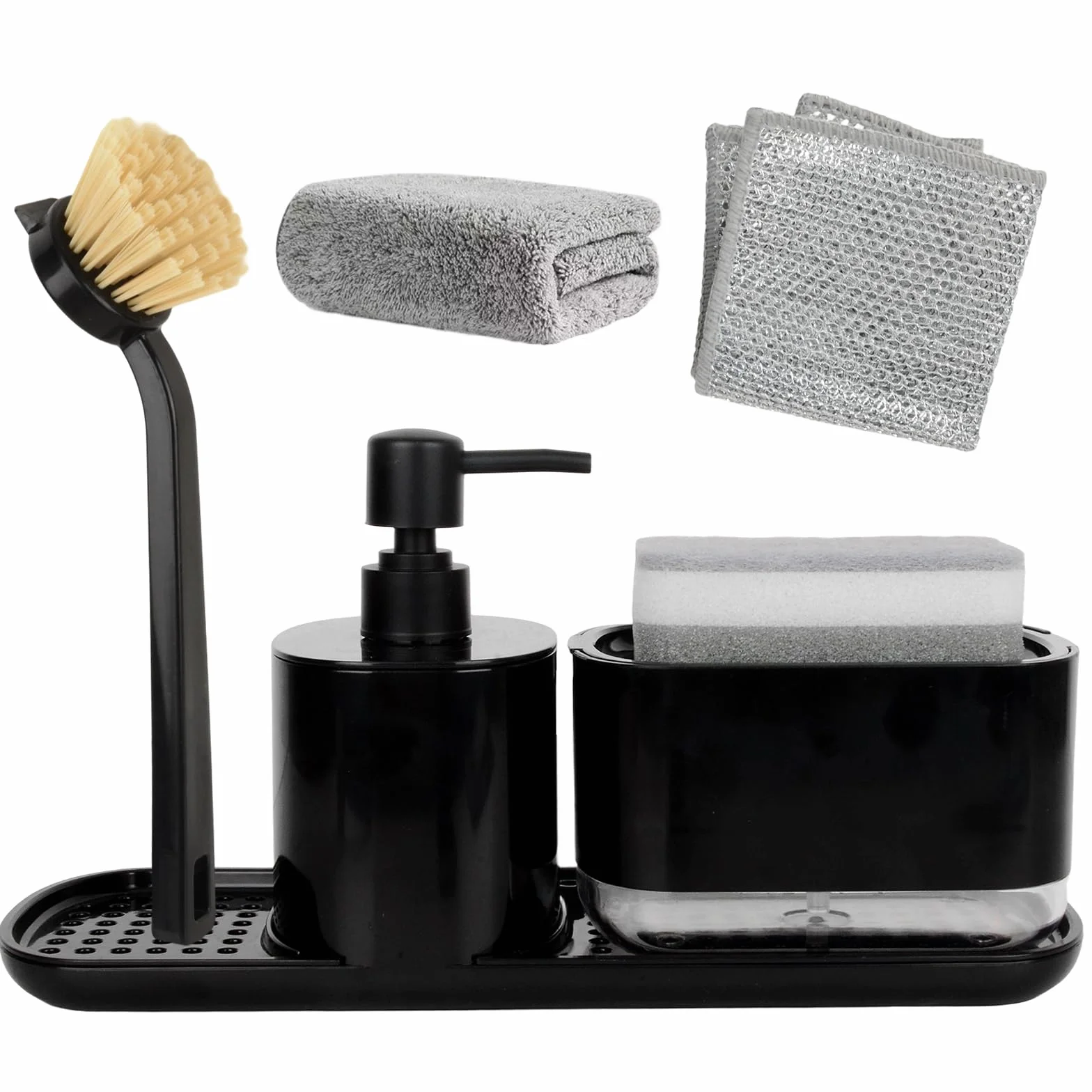 Dosificador Jabón Cocina Negro con Trapo, Cepillos y Esponja, Organizador Fregadero Detergente Recargable