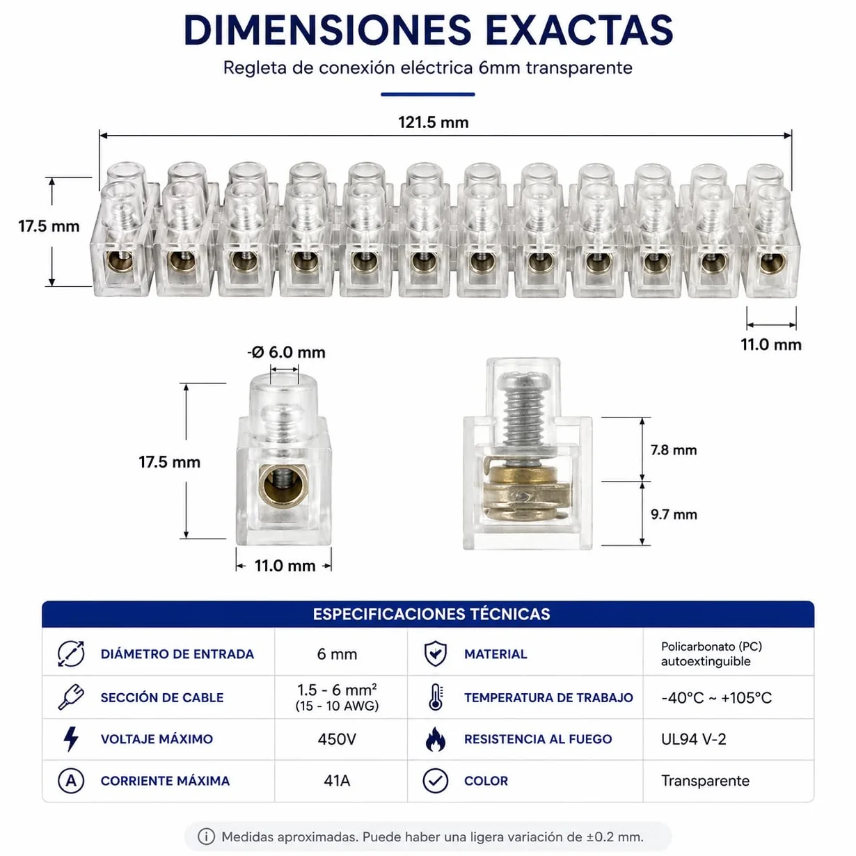 CABLEPELADO Regleta de conexión de Cables eléctricos | Clema/Empalme Cable | Apto para Sección 6mm | Intensidad 5A | Transparente