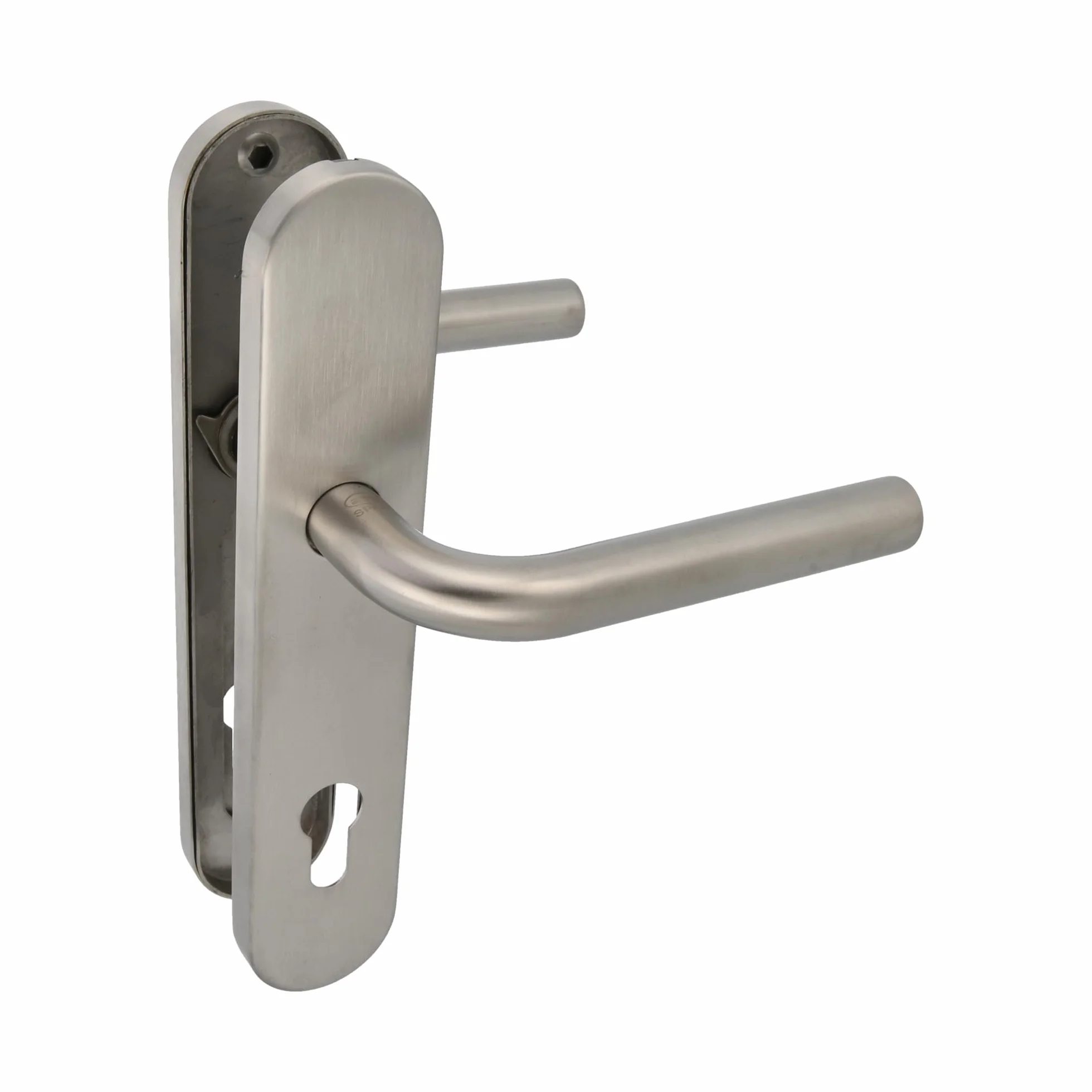 Amig - Juego de Manillas con Placa para puerta - Maneta con Bocallave - Mod. 4PXB - Acero inoxidable 18/8-230 x 45 mm - Cuadradillo de 8 mm - Plateado mate