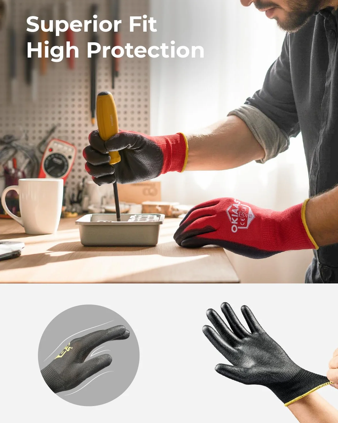 OKIAAS Guantes de trabajo de seguridad (12 pares, tamaño XL/10) con mango, guantes de trabajo con revestimiento de poliuretano (PU), para mecánico, almacén, jardinería, construcción, trabajos de