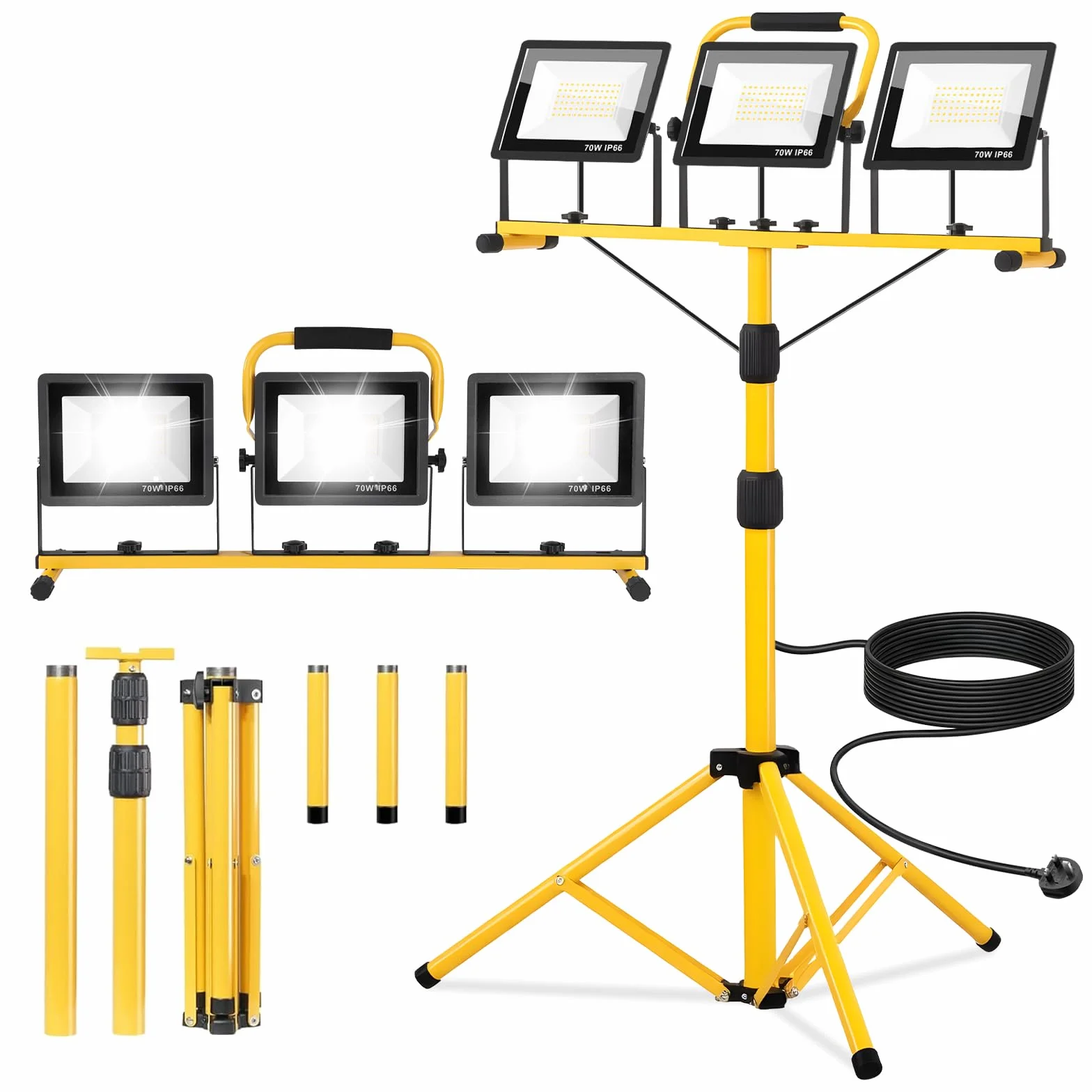 210W Foco led Trabajo con Trípode, 21000LM 6500K Lámpara de Trabajo con Cable de 5m Interruptor Individual, IP66 Lámpara Impermeable para Obras/Talleres/Garajes Altura Ajustable 200cm