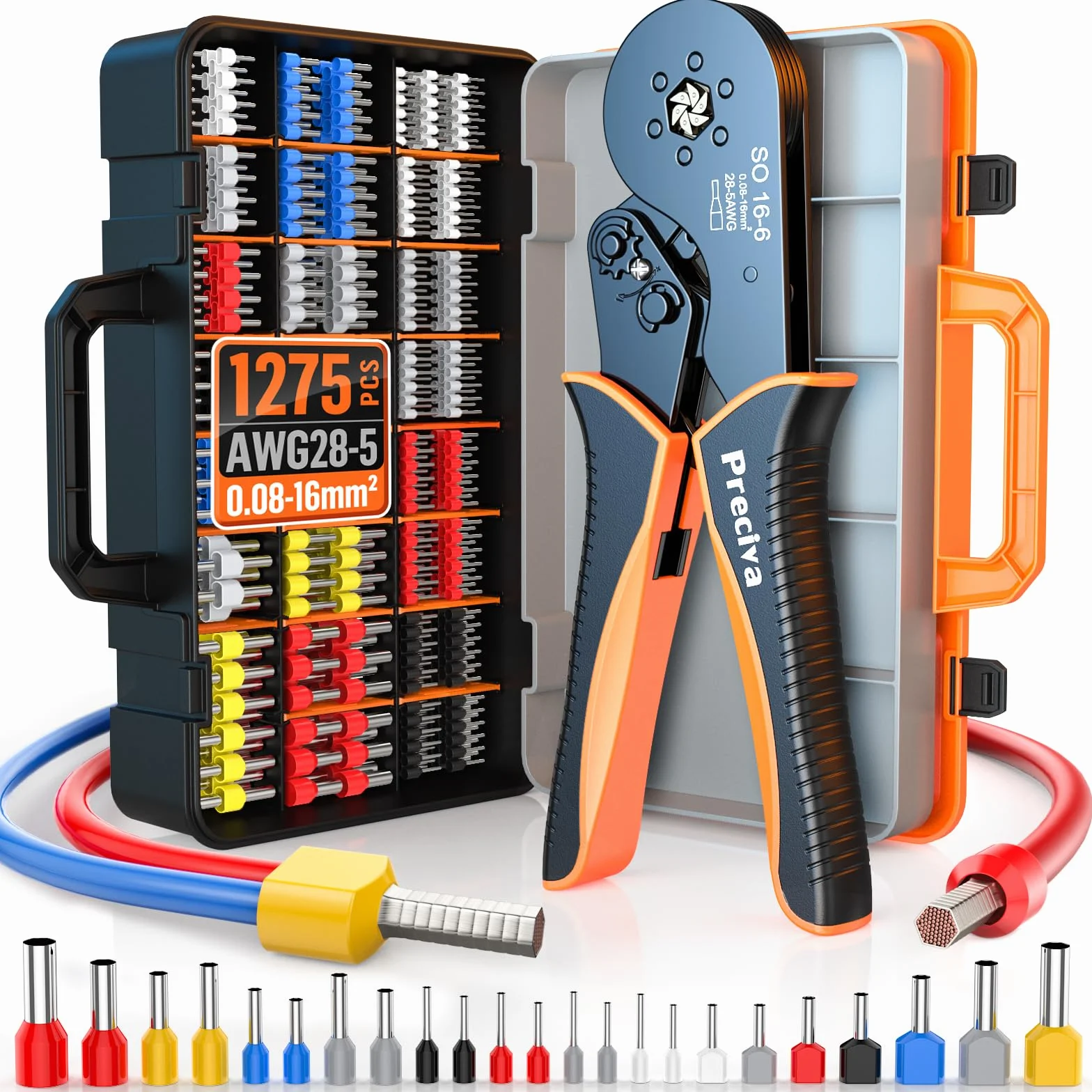 0,08-16 mm² Preciva crimpadora terminales electricos, 1275 piezas Tenazas de engaste de cabeza simple y doble Terminales de doble cable. Adecuadas para bricolaje doméstico e industrial.
