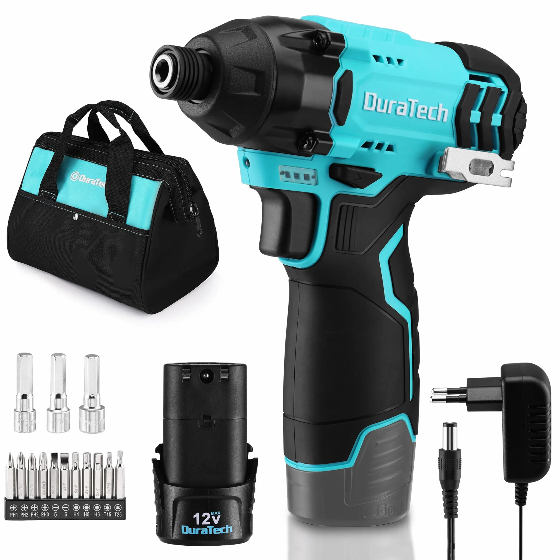 DURATECH Atornillador Impacto Inalámbrico 12V, 100Nm con Accesorios | Velocidad de 2400RPM con LED, Batería 2,0Ah, 11 Puntas y 3 Vasos para Bricolaje y Reparaciones