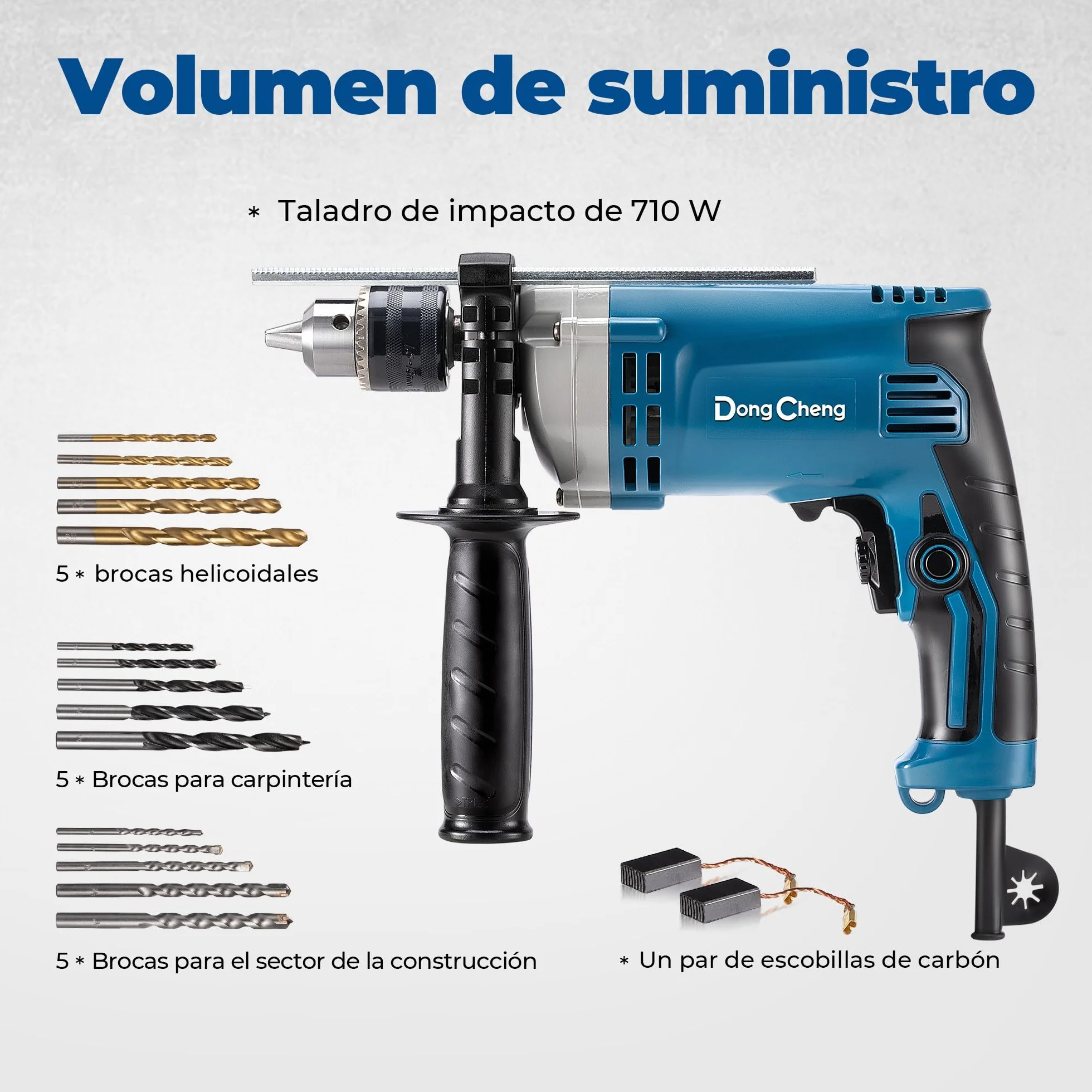 DongCheng - Taladro de percusión (710 W, 13 mm, taladro de percusión, 45,000 IPM, 3000 RPM con 15 coronas de perforación para metal, madera y hormigón