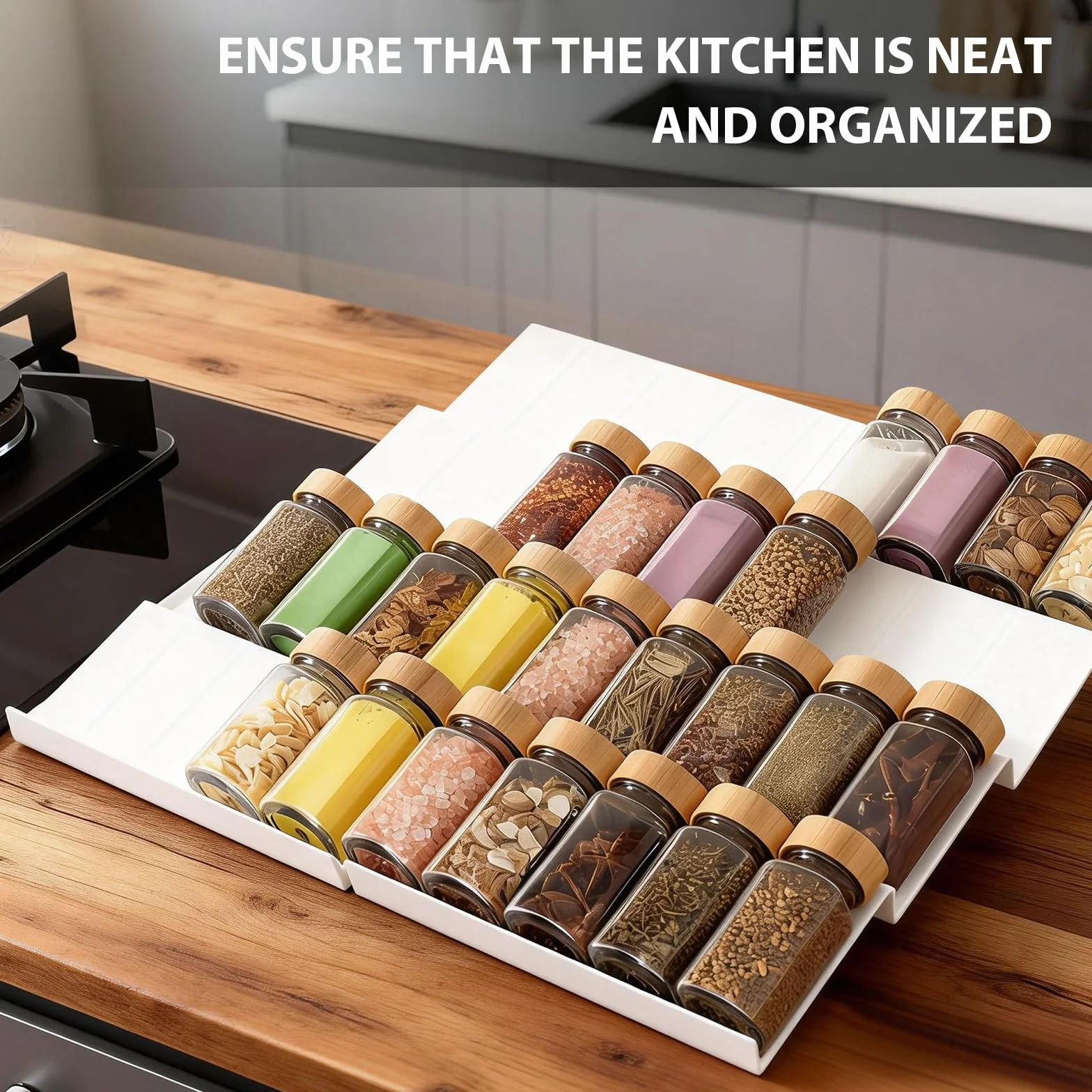 VINATO Organizador de Especias para Cajones Cocina, 8pcs Ajustable, Estante Extraíble para Especieros, Perfumes, Maquillaje, Blanco