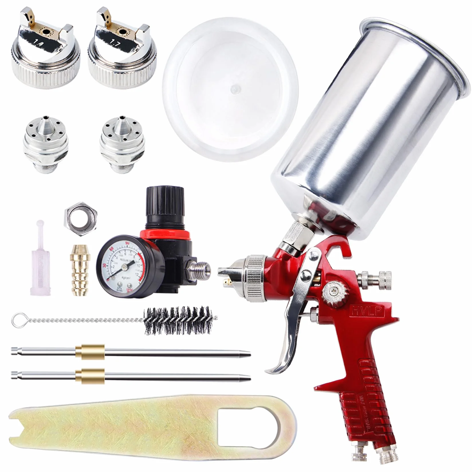 Pindex HVLP Pistola pulverizadora de Aire de alimentación por Gravedad: pulverizador de Pintura con Taza de Aluminio de 1000 CC | 3 boquillas para reparación de Coches, Pintura de Valla (Rojo)