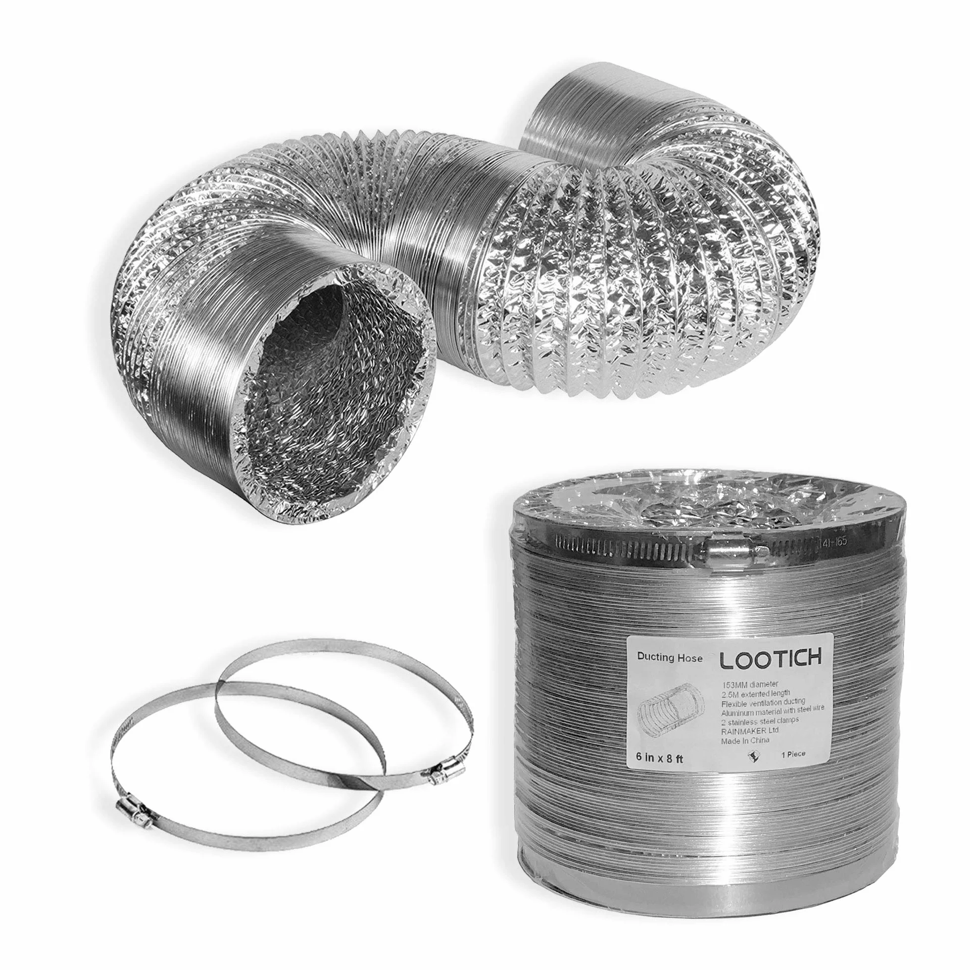 Tubo Flexible de Aluminio Ø153mm, Longitud 2.5m para Conducto de Aire de Ventilación Sistemas con 2 Abrazaderas de Acero
