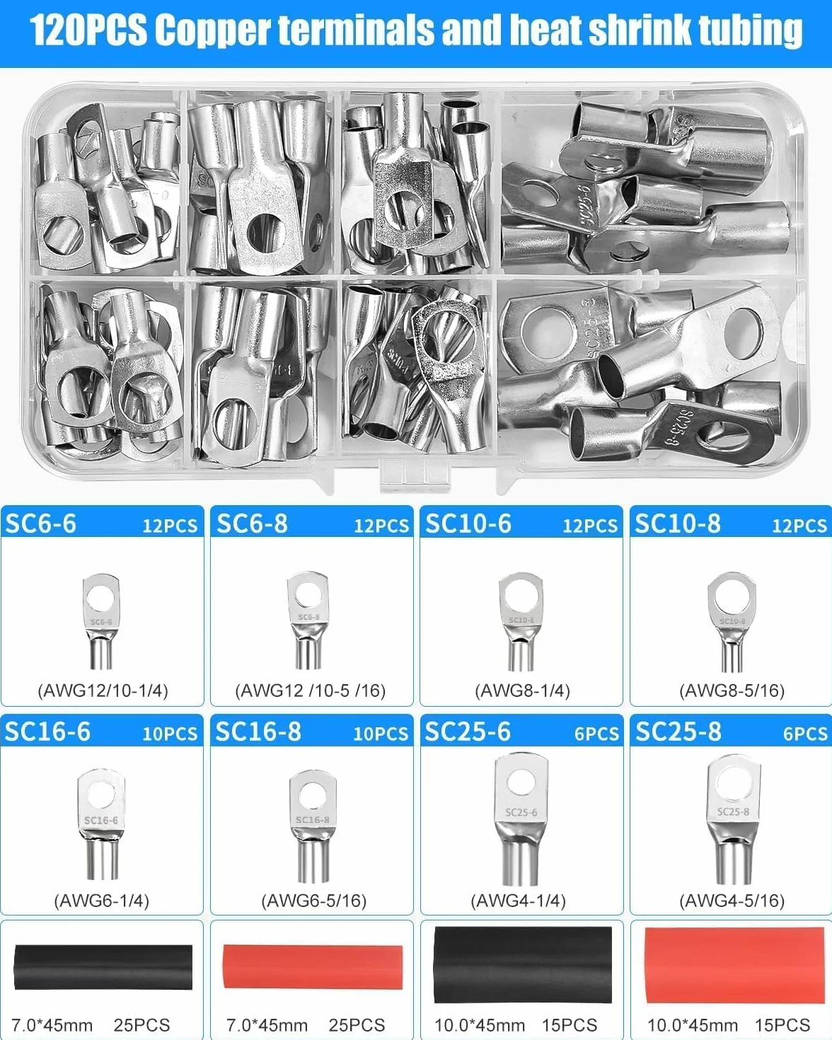 Alicates de Terminals Herramienta de Crimpado AWG 10-0, 6/10/16/25/35/50 mm² con mango antideslizante con alicates de corte 60 terminales de anillo de cobre + 60 tubos termorretrácti