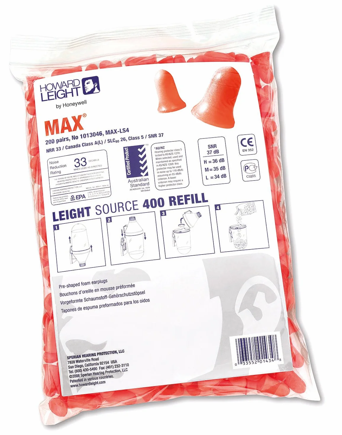 Howard Leight MAX Tapones Auditivos Desechables Espuma Poliuretano SNR 37 dB Paquete 200 Pares