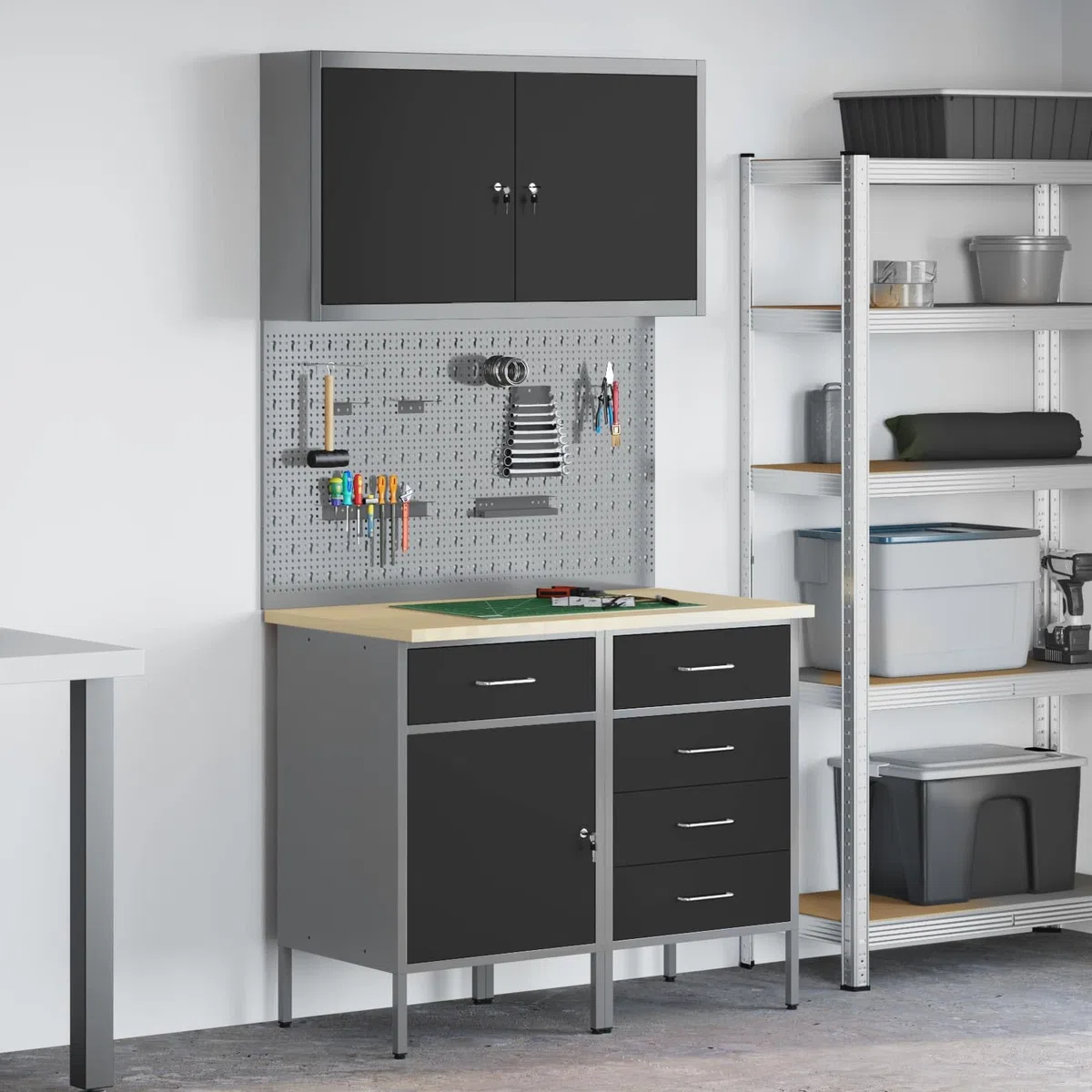 Banco de trabajo con cajones, 5 unidades, color negro, madera y acero, resistente, almacenamiento para garaje, sótano, construcción con pared perforada y organizador