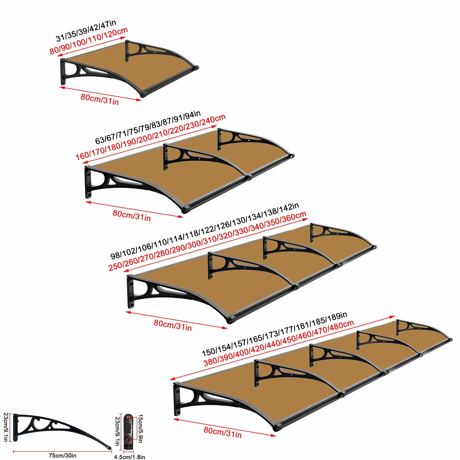 Marquesina para Puertas y Ventanas,Tejadillo de Protección Contra La Lluvia y La Nieve UV,Toldo Cubierta de Policarbonato Marrón con Fregadero Grande,Toldo de Entrada de Techo (80x160cm/31"x63")