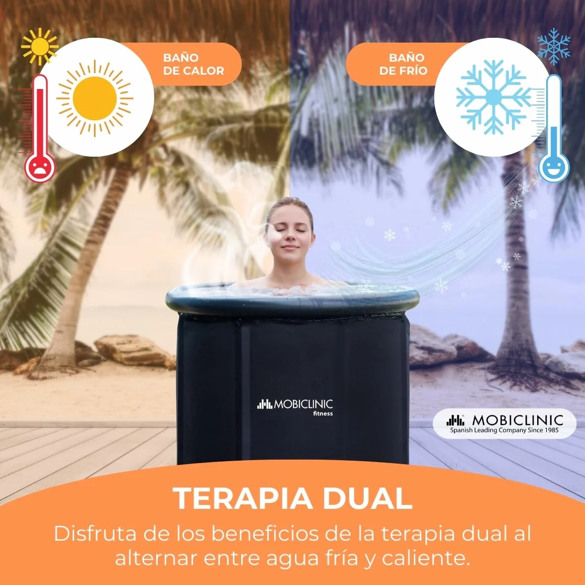 Mobiclinic® Fitness, Bañera de Hielo, 350l, Recuperación Muscular, para Deportistas, 83x83x75cm, Artic, Portátil, Terapia Dual, Bolsa Transporte, Cojín Inflable y Tapa, Borde