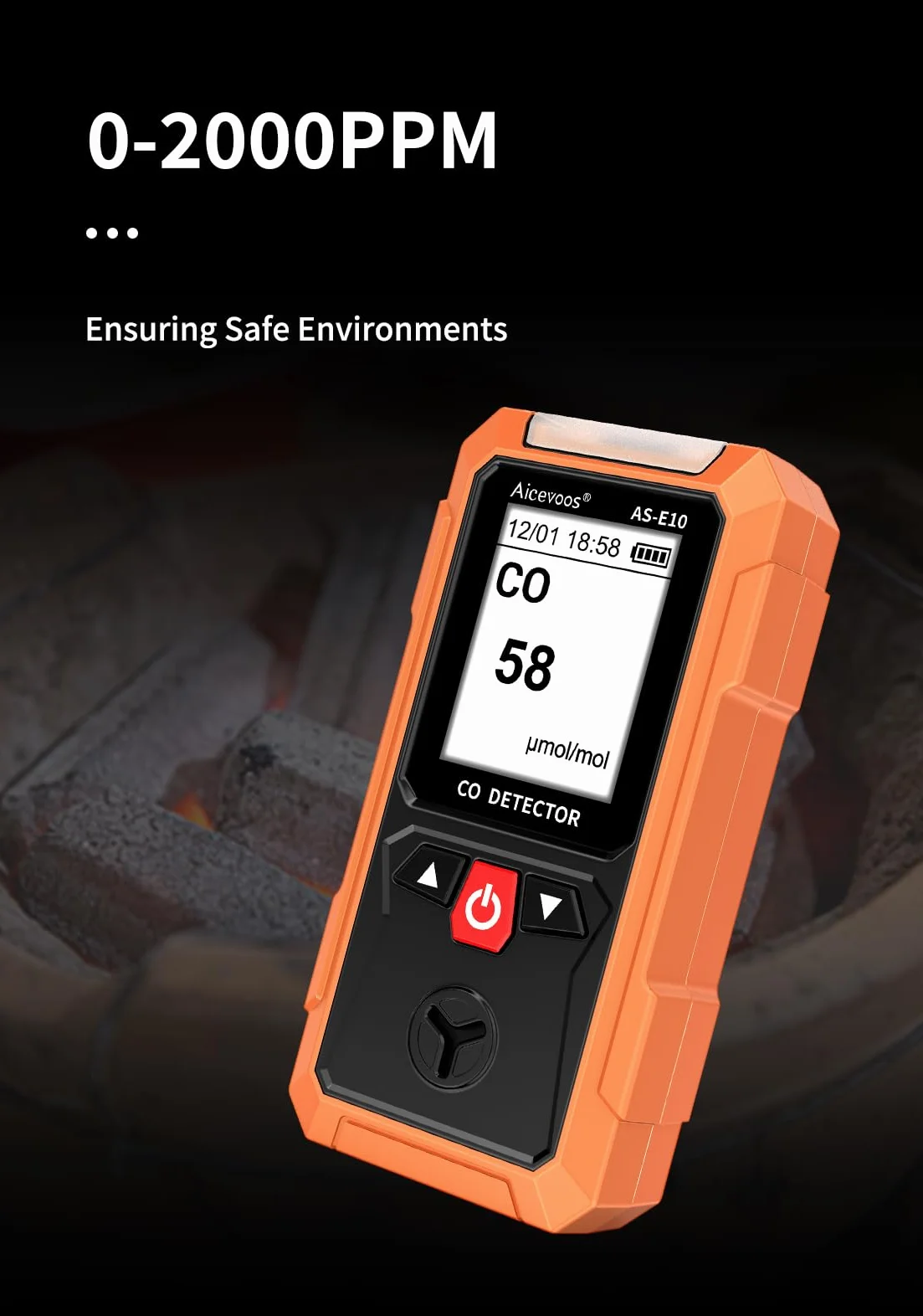 AS-E10 Detector de Monóxido de Carbono Portátil, Medidor Monóxido de Carbono con Alarma Sonora y Visual, 0-2000PPM, Alarma de CO, Pantalla LCD Retroiluminada, para Casa, Coche, Camping