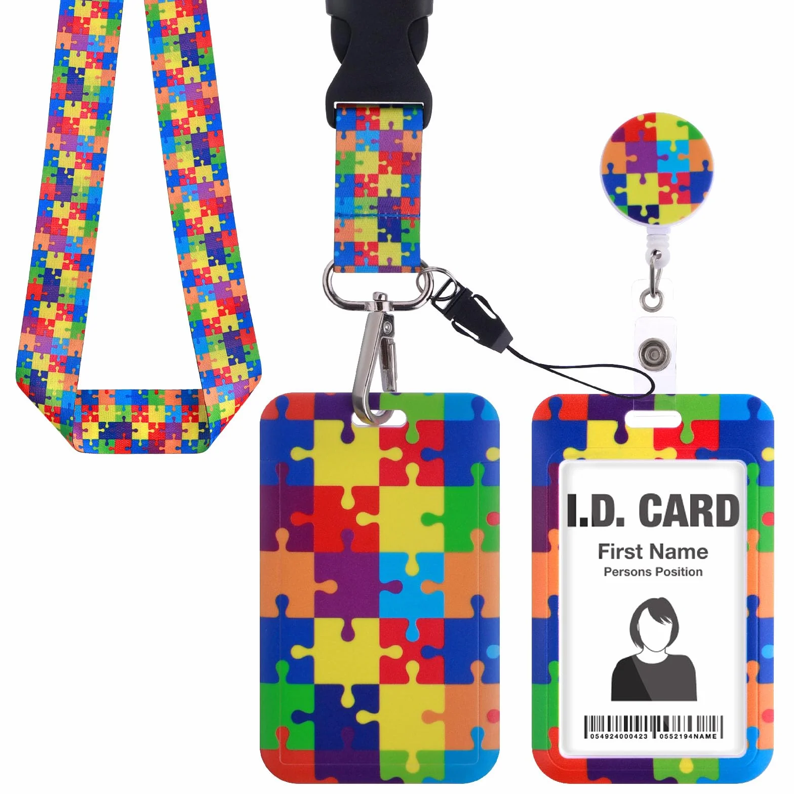 Amaxiu Porta tarjetas de identificación retráctil para concienciación sobre el autismo, carrete de insignia y protector de tarjetas de crédito resistente
