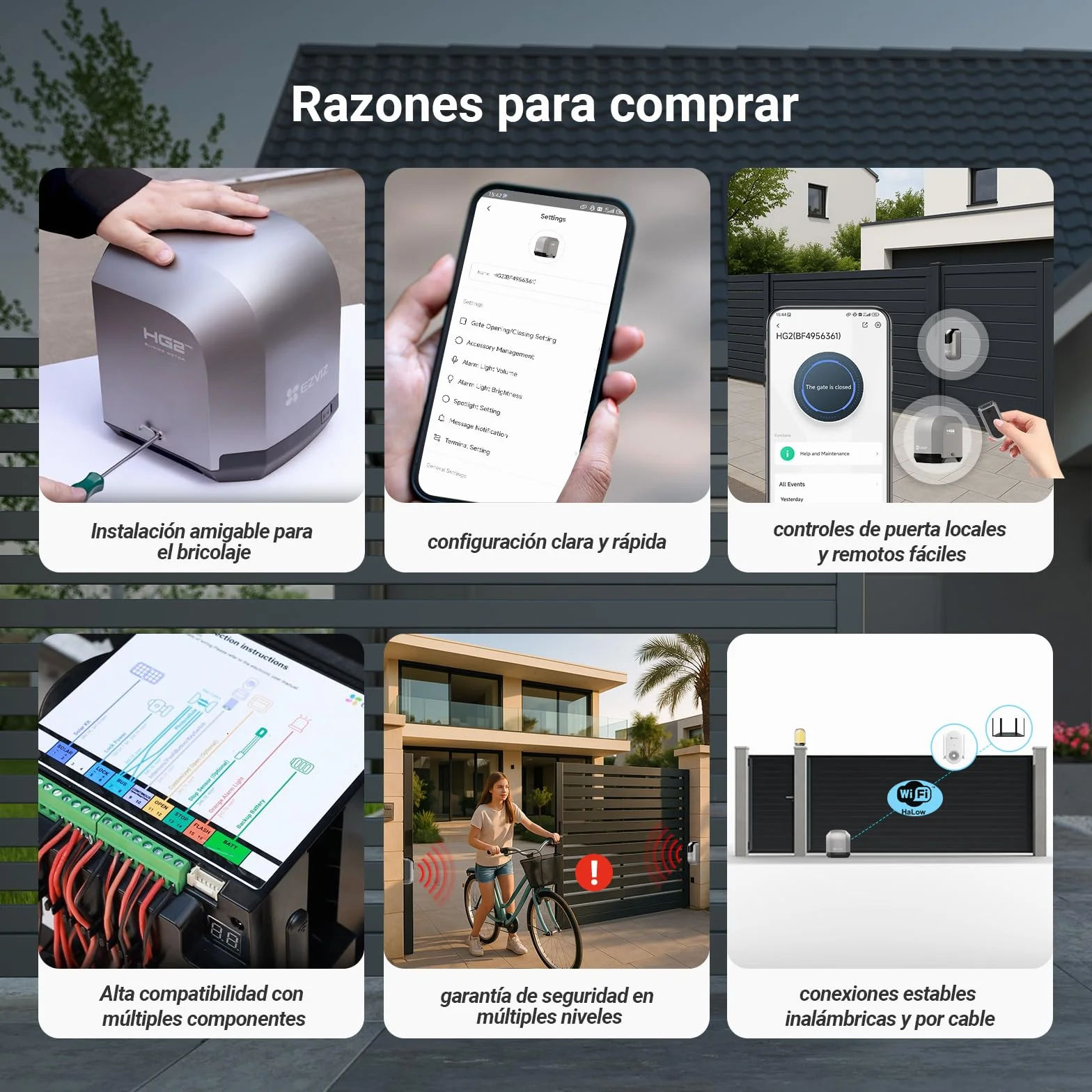 EZVIZ Motor Puertas Correderas Exterior 400 kg, con 4 Metros Cremallera de Nailon y Acero, Dos Mandos a distancia, una Luz de Alarma, Wi-Fi/Bluetooth, Instalación de dos cables, Impermeable, HG2 400