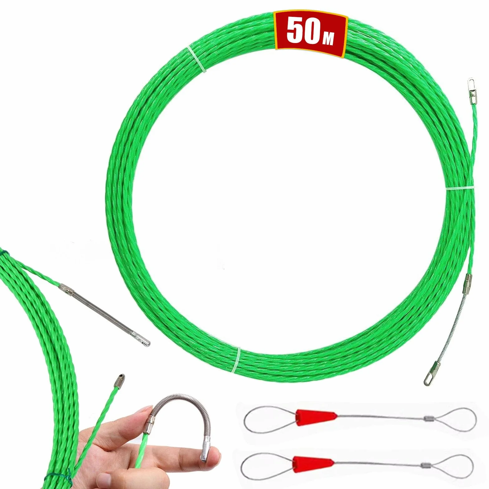 Guia Pasacables 50M, 4,5mm Guia Pasacables Profesional Guia Cables Espiral Guía Pasacables con 2 Muelles Guía Ayuda de Extracción de Cables para Tirar de Cable, Verde