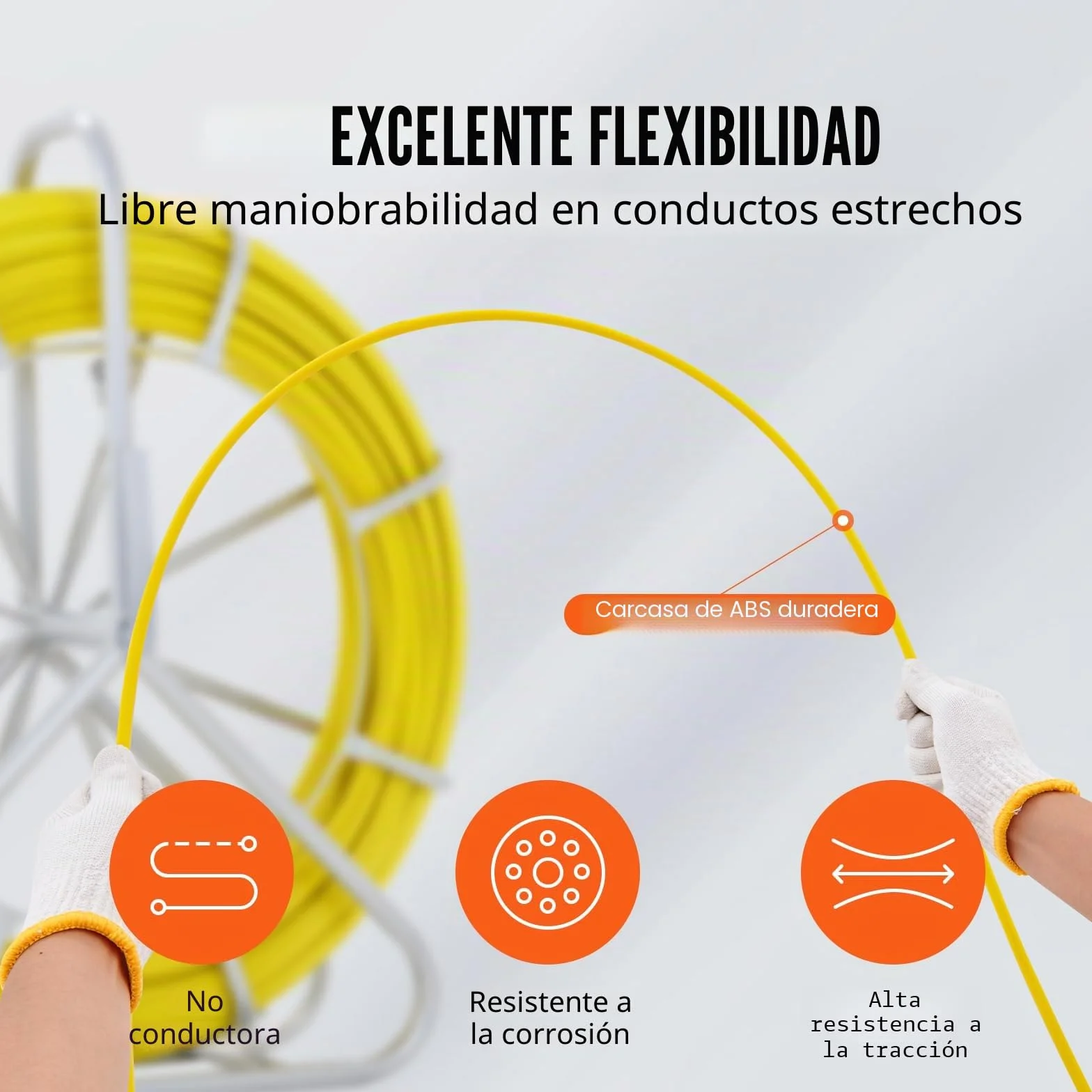 VEVOR Cinta de Fibra de Vidrio Longitud de 129,5 m 6,35 mm Tirando de Aguja Electricista de Alambre de Cable Eléctrico Extractor de Conducto Carrete de Acero de Apoyo 3 Cabezas de Tracción para Pared