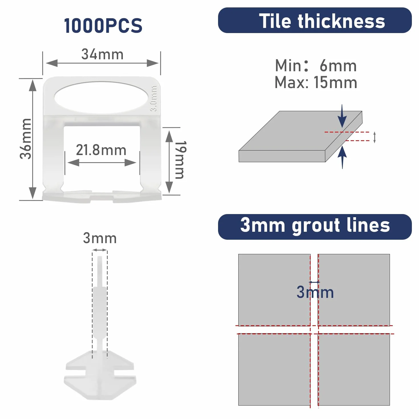 Sistema de Nivelación de Azulejos, 1000 Unidades, Lengüetas de Tracción de 3 Mm, Sistema de Nivelación de Azulejos, Kit de Costura para Azulejos de Cerámica