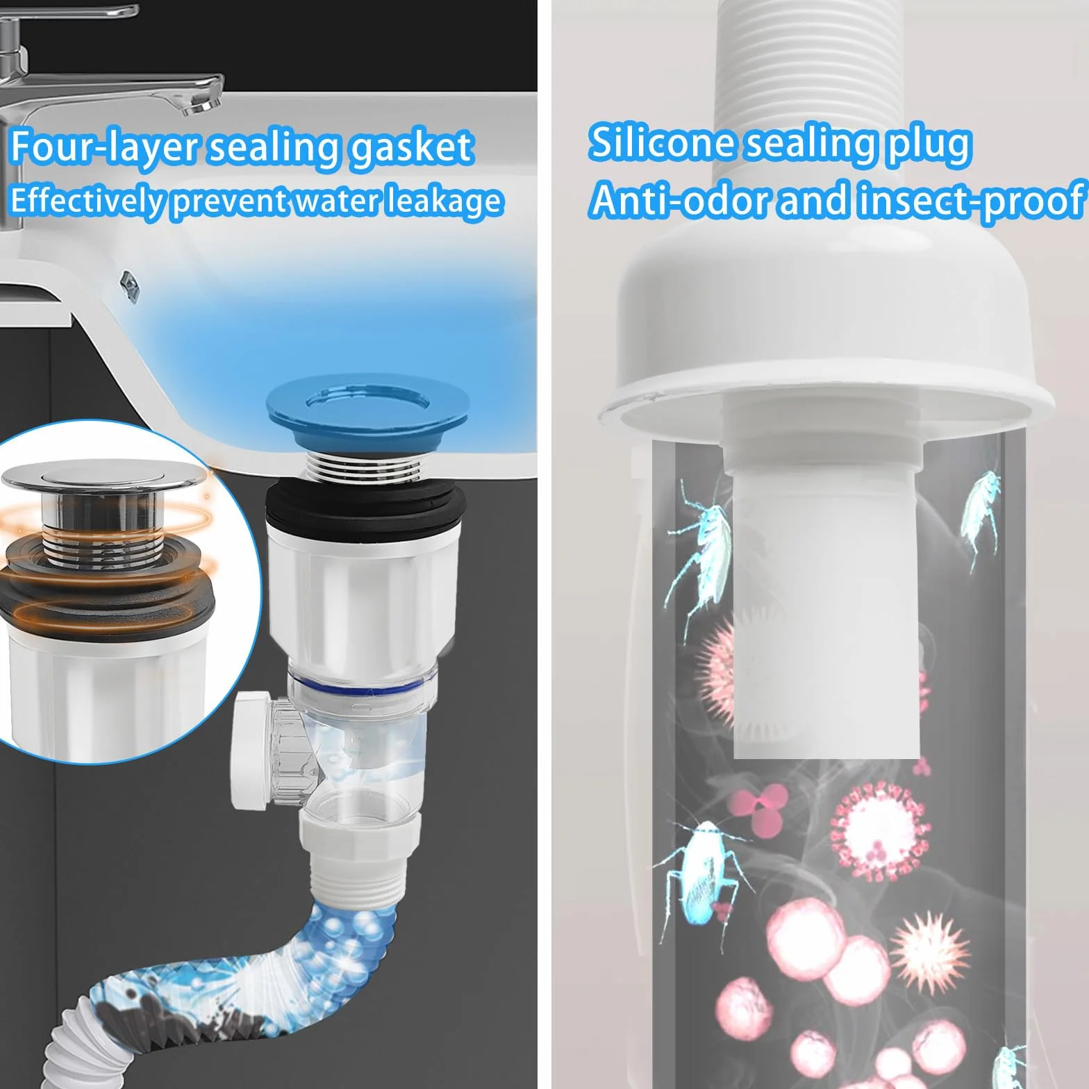 Sifón Lavabo Flexible Kit, Desague Lavabo con Tubo Fregadero y Filtro Emergente, Blanco