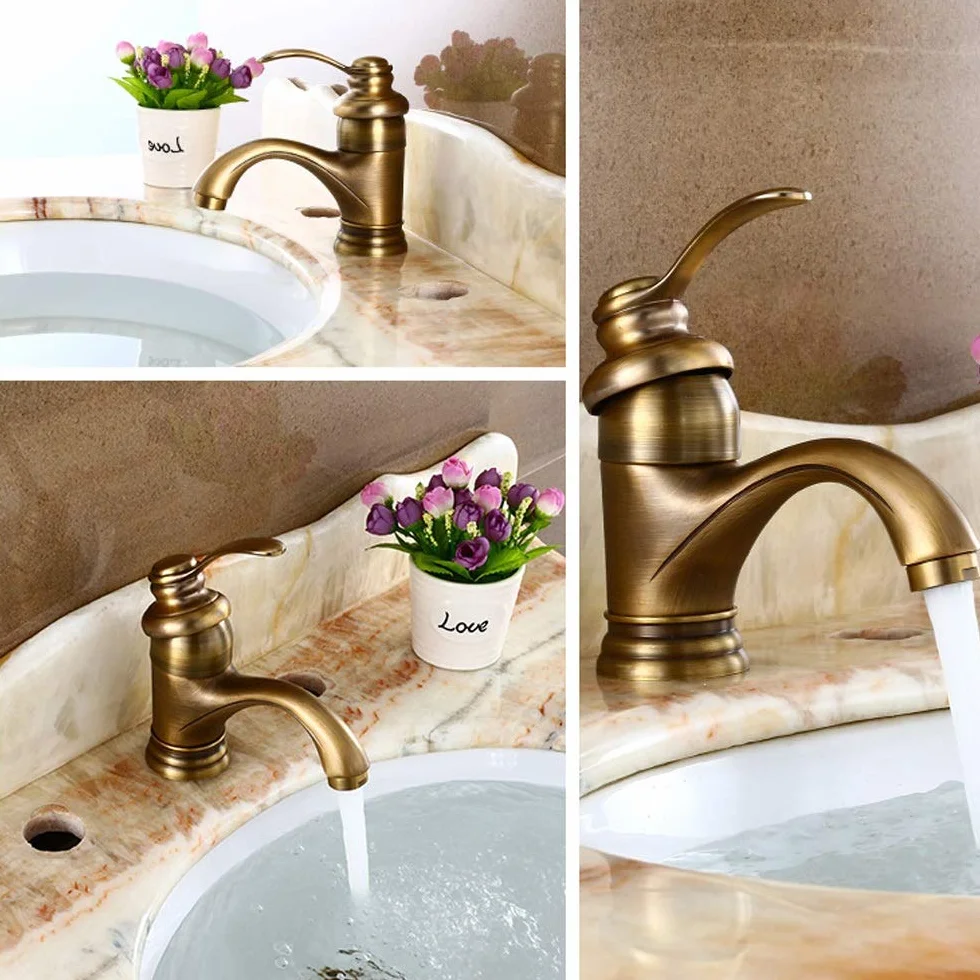 Antiguo Retro Baño Grifo Europeo Lavabo Caliente y frío Lavabo del baño Grifo mezclador Acabado de bronce Vintage Ollas Spray Dibujo Balcón Bar Aseo Manos de lavado Grifos de agua