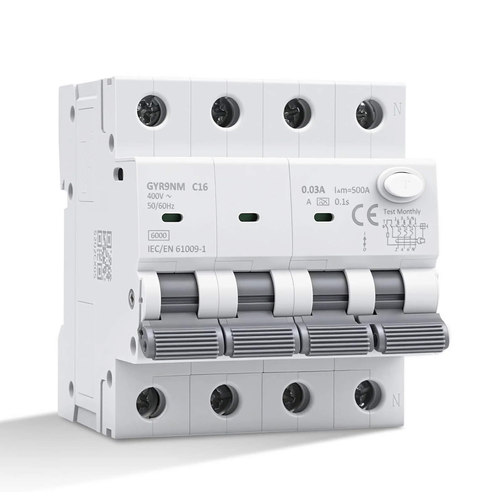 Disyuntor magnetotermico 16A 30mA 3P+N tipo A interruptor diferencial RCBO 6KA MCB AC400V disyuntor diferencial Protección contra sobrecargas y cortocircuitos GYR9NM