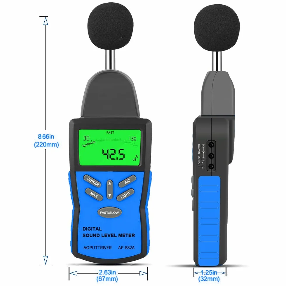 Medidor de nivel de sonido digital AP-882A 30~130dBA Decibelímetro con pantalla LCD