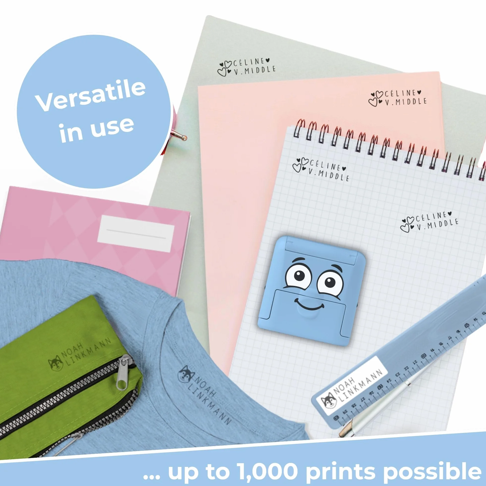 Sello Personalizable para Niños con Tinta 1000 Impresiones Kit Etiquetas Cinta Termoadhesiva Azul
