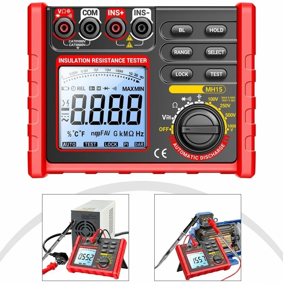 MH15 Digital Megohmmeter Resistencia de Aislamiento Probador 100V 250V 500V 1000V LCD Display Meter con cables de prueba